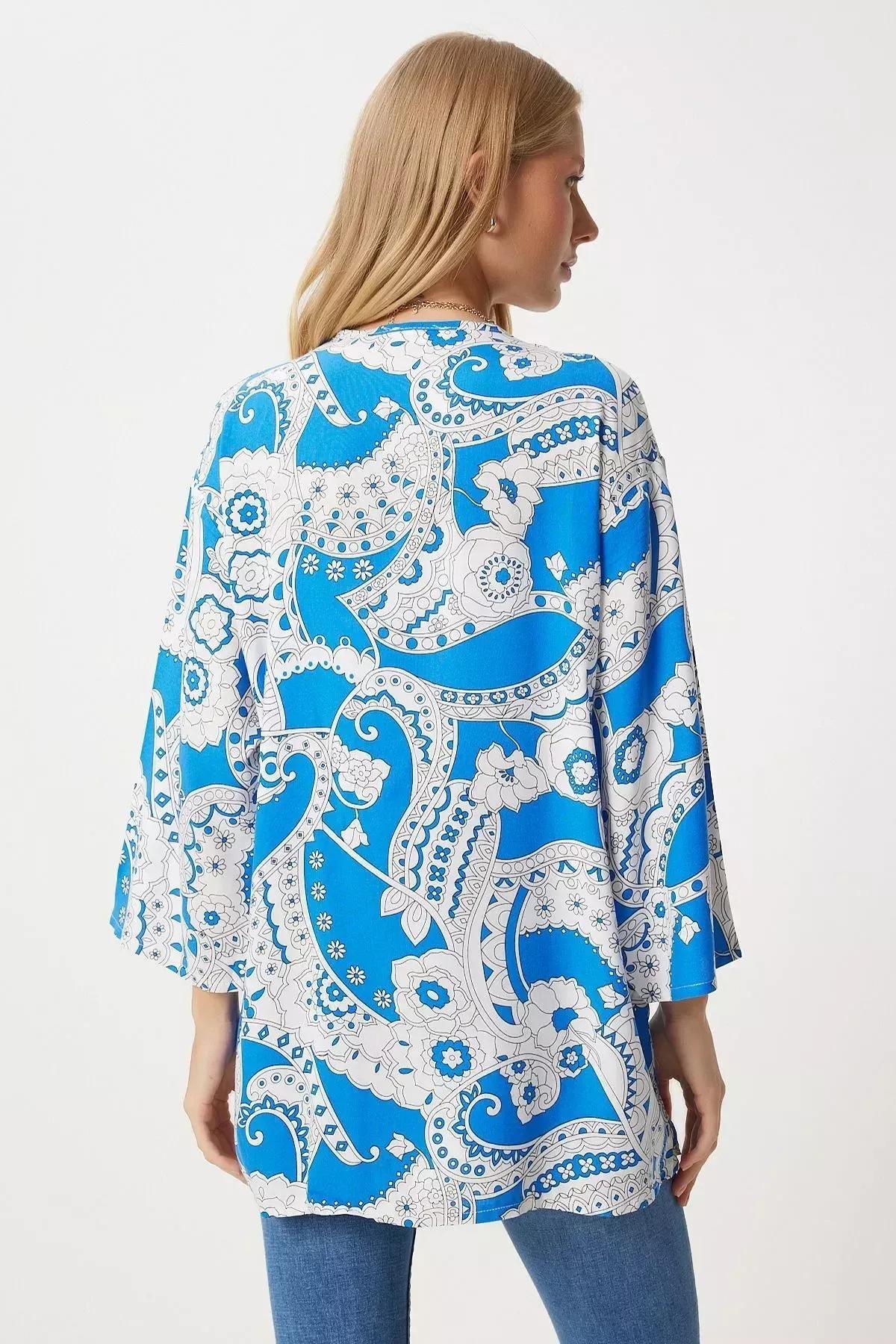 كيمونو بنمط منقوش، ألوان متعددة, Blue White, large image number 5