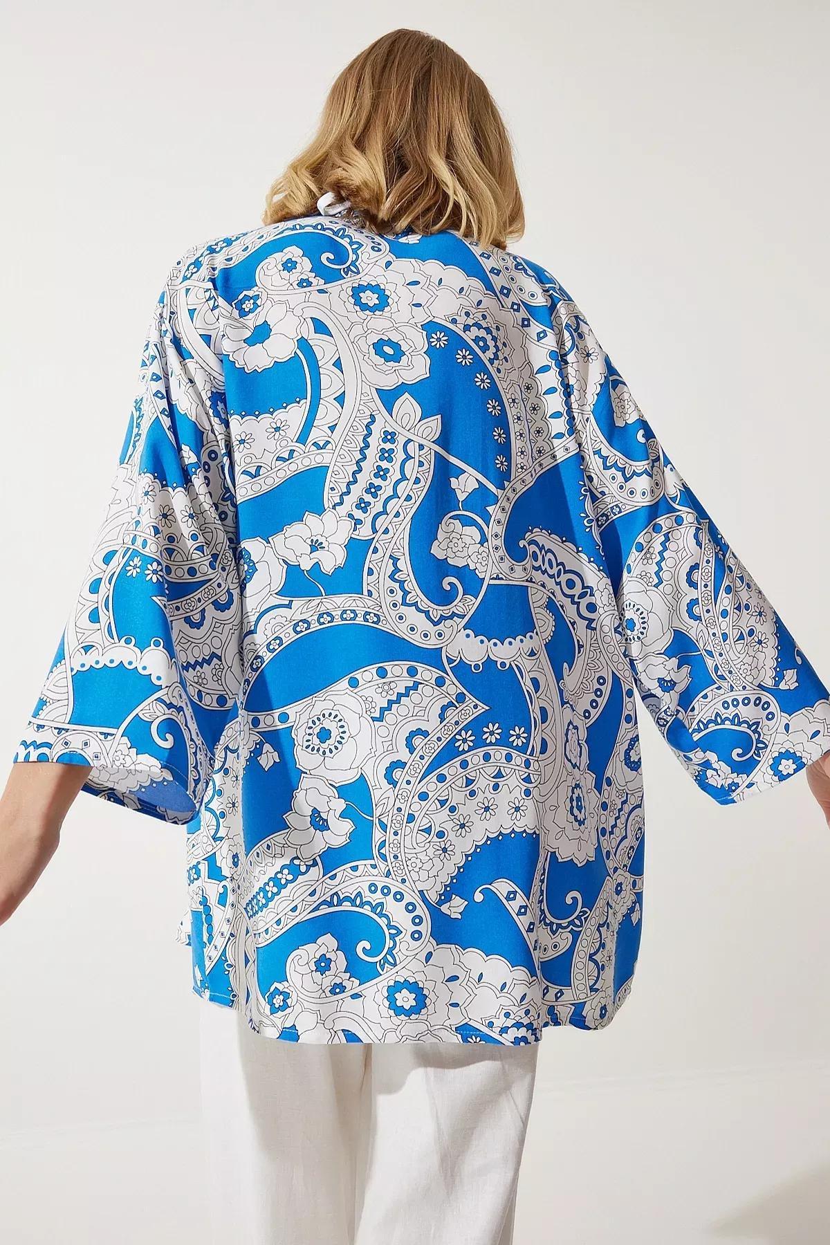 Blue Patterned Viscose Kimono EN00615, , large image number 6