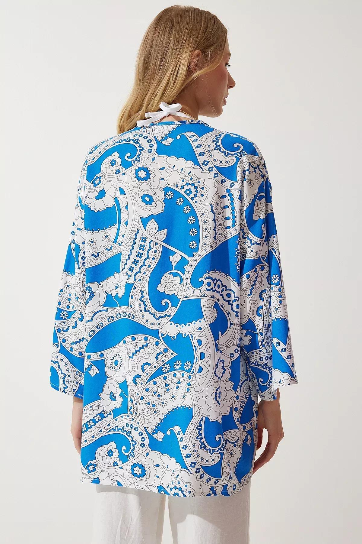 Blue Patterned Viscose Kimono EN00615, , large image number 7