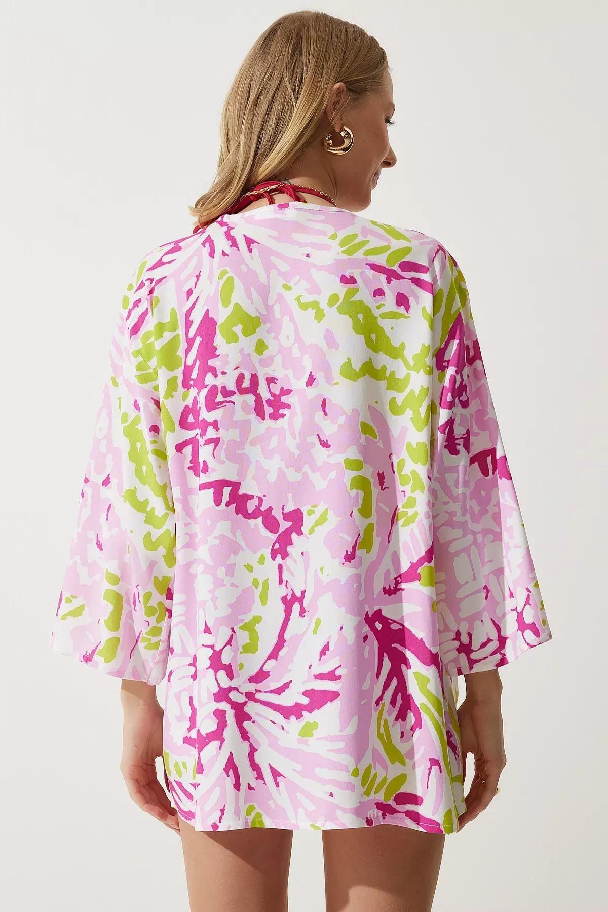 Powder Green Patterned Viscose Kimono, , large image number 0