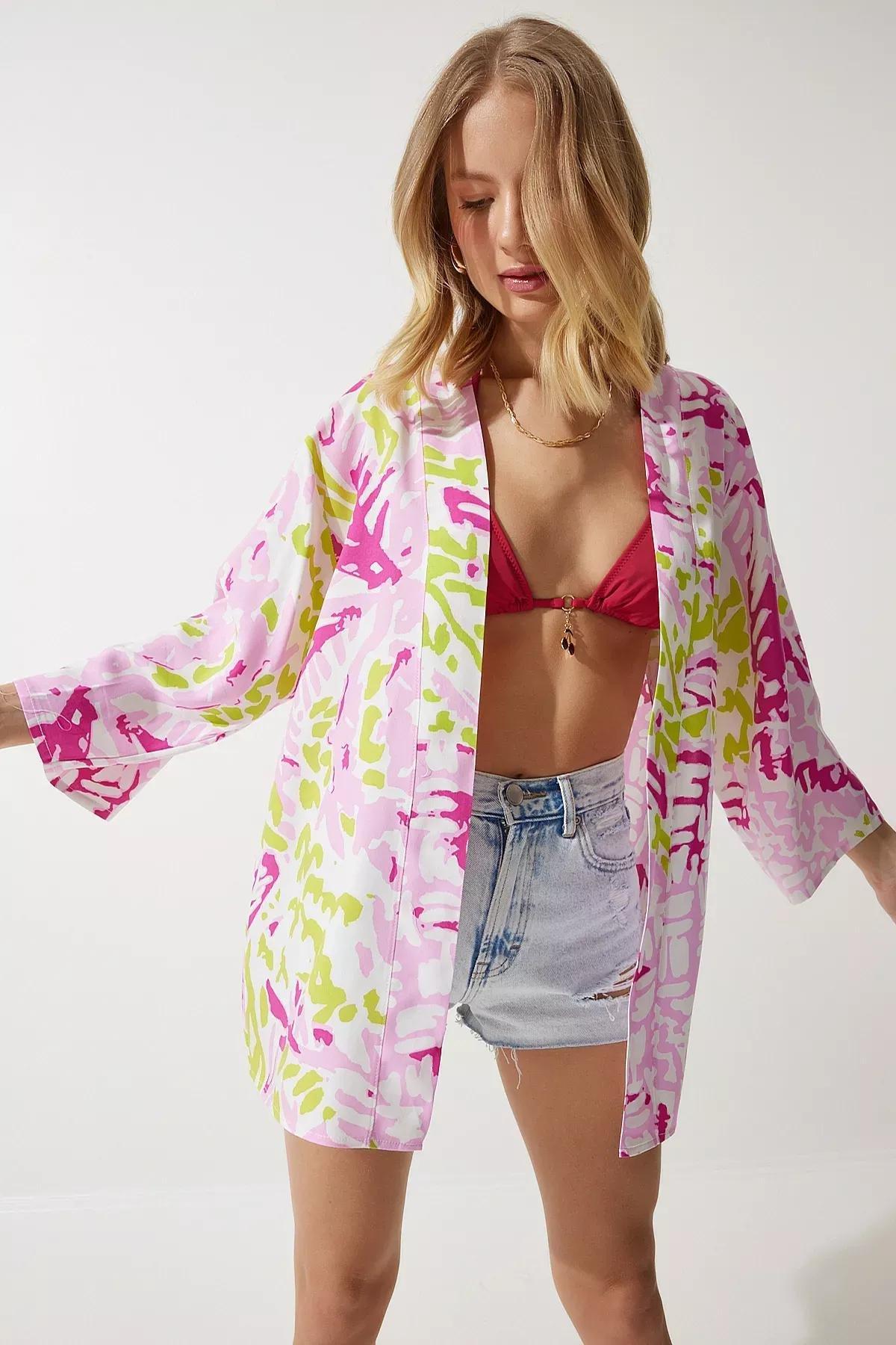 Powder Green Patterned Viscose Kimono, Powder Green, large image number 1