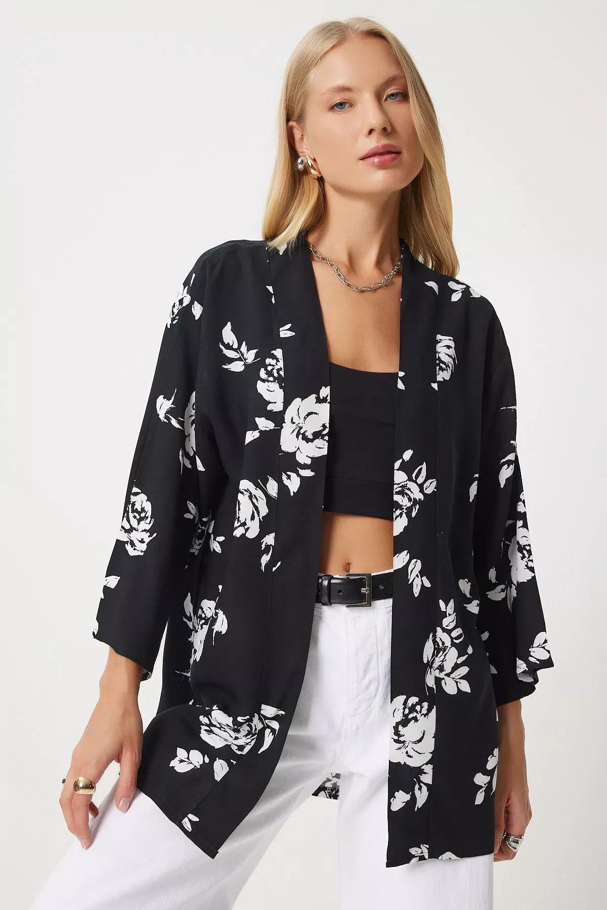 كيمونو بنمط منقوش، أسود, BLACK, medium