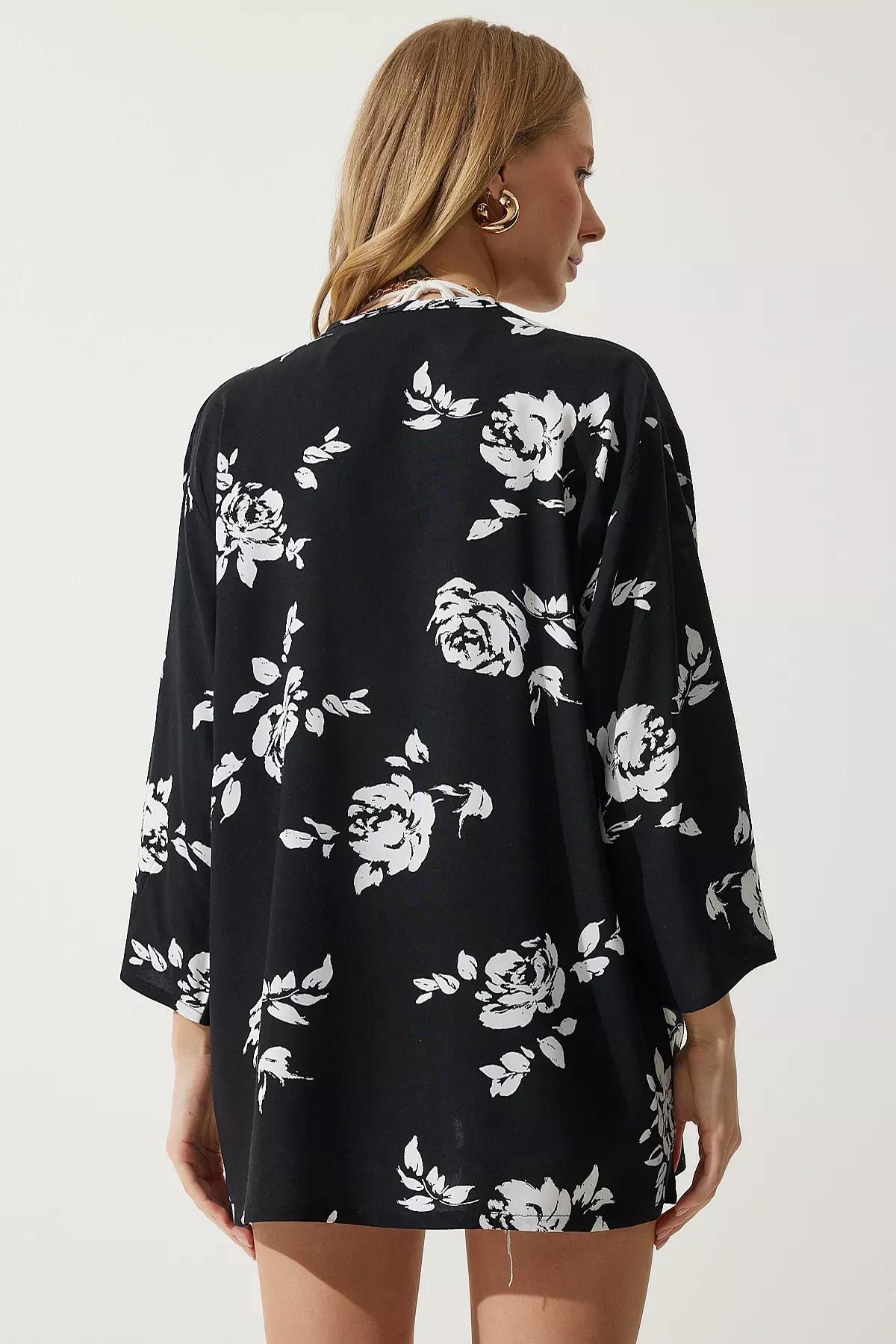 Black Patterned Viscose Kimono, , large image number 3