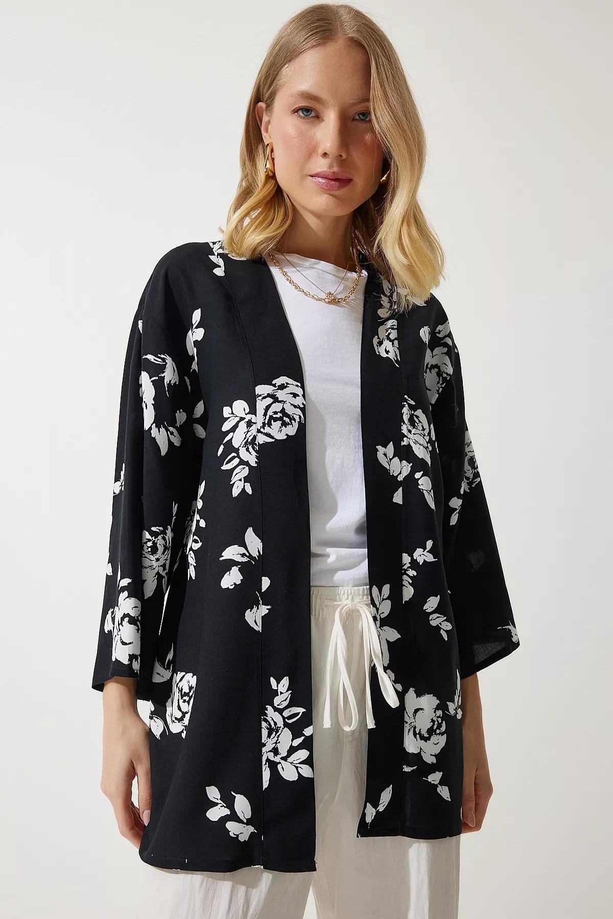 Black Patterned Viscose Kimono, , large image number 4