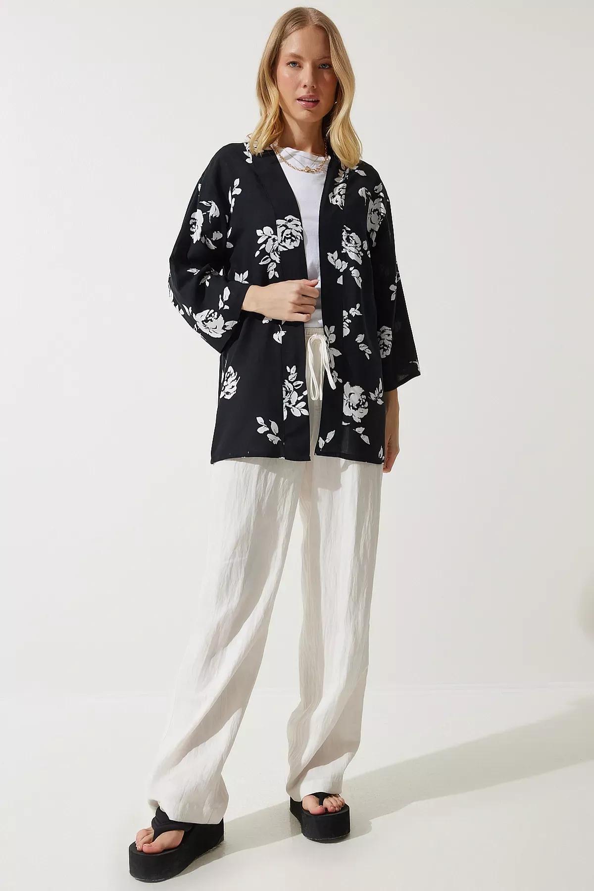 Black Patterned Viscose Kimono, , large image number 5