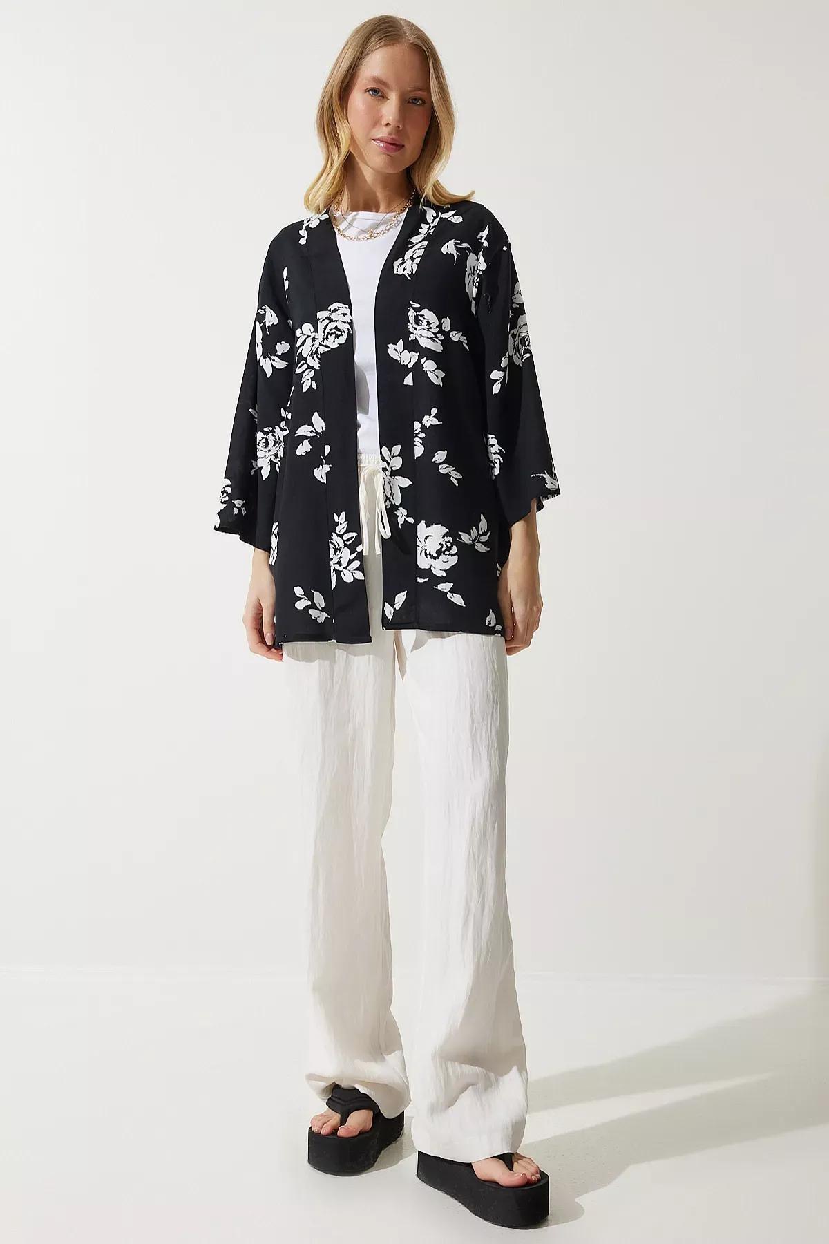 Black Patterned Viscose Kimono, , large image number 6