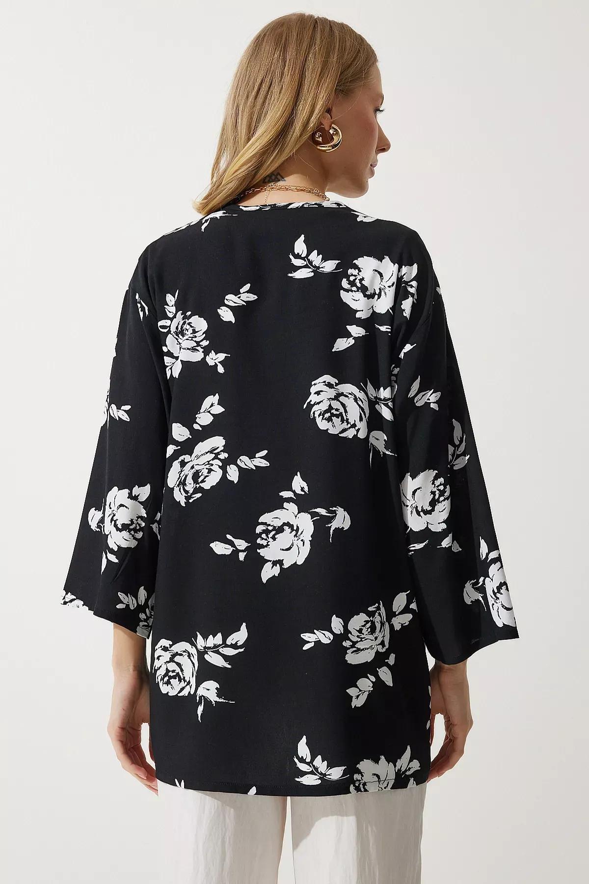 Black Patterned Viscose Kimono, , large image number 7