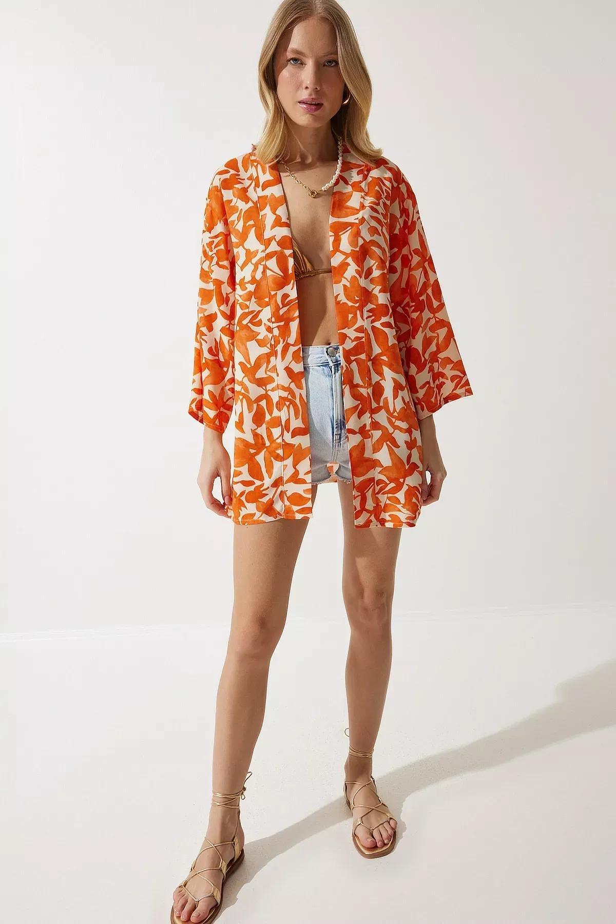Orange Patterned Viscose Kimono, , large image number 0