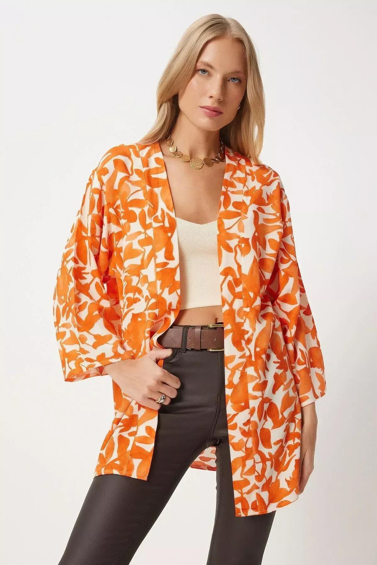 Orange Patterned Viscose Kimono, , medium