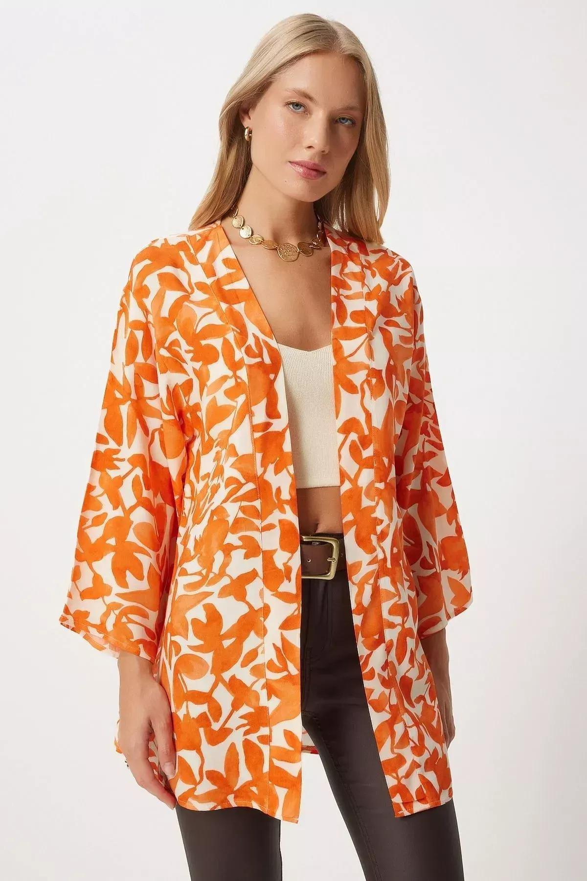 كيمونو بنمط منقوش، برتقالي, Orange, large image number 1
