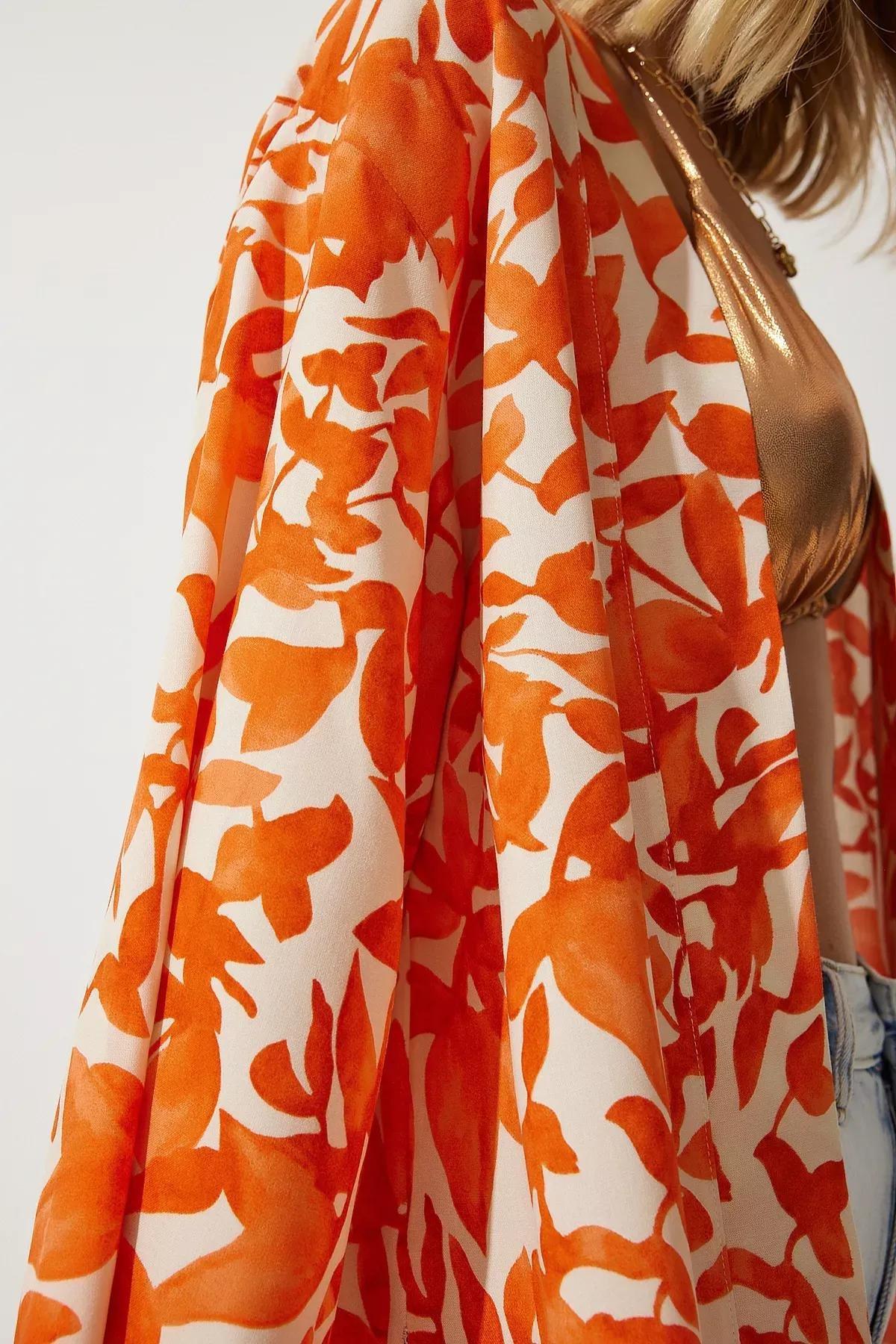 Orange Patterned Viscose Kimono, , large image number 2