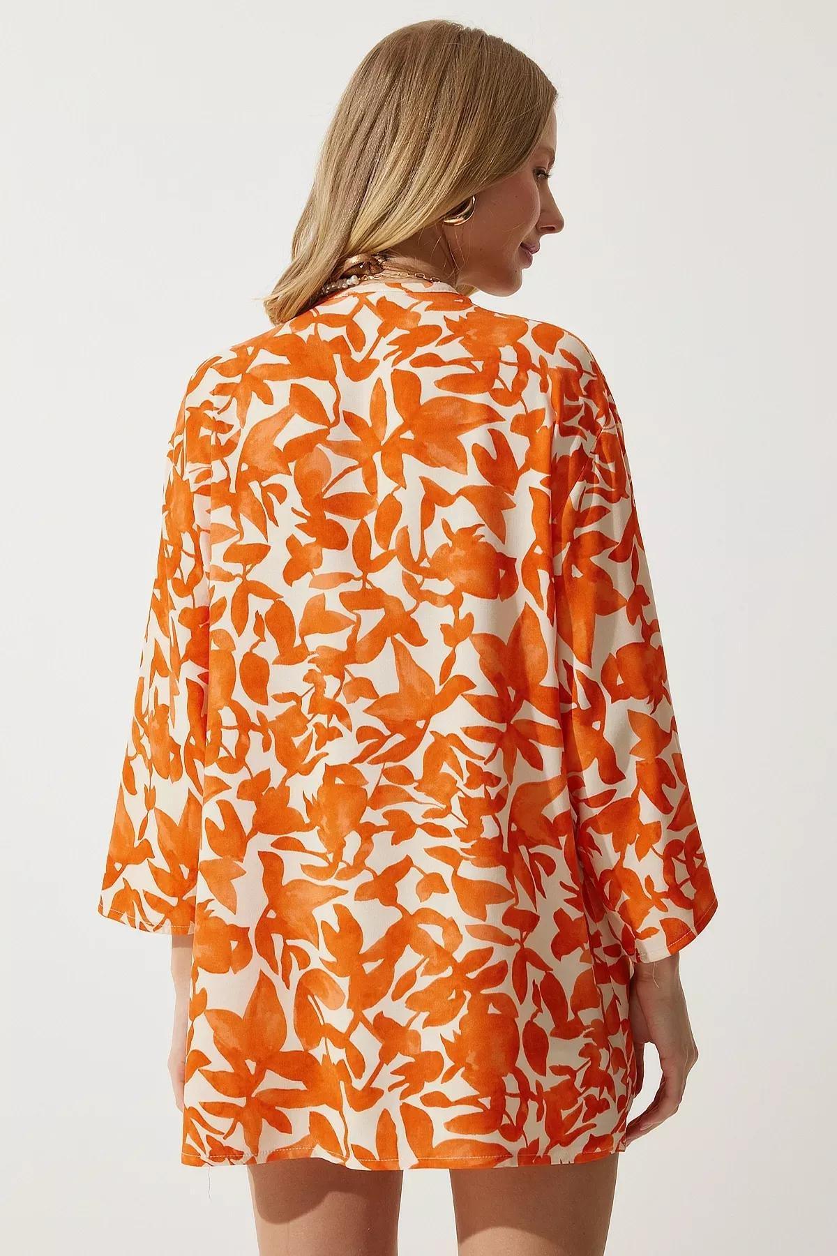 Orange Patterned Viscose Kimono, , large image number 3