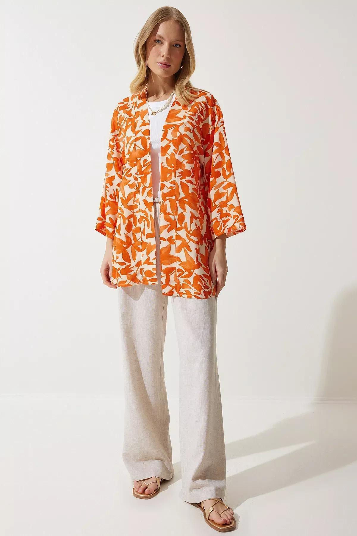 Orange Patterned Viscose Kimono, , large image number 4