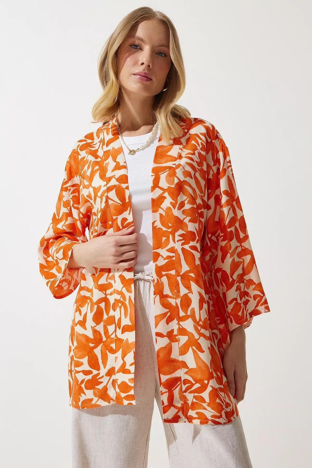 Orange Patterned Viscose Kimono, , large image number 5
