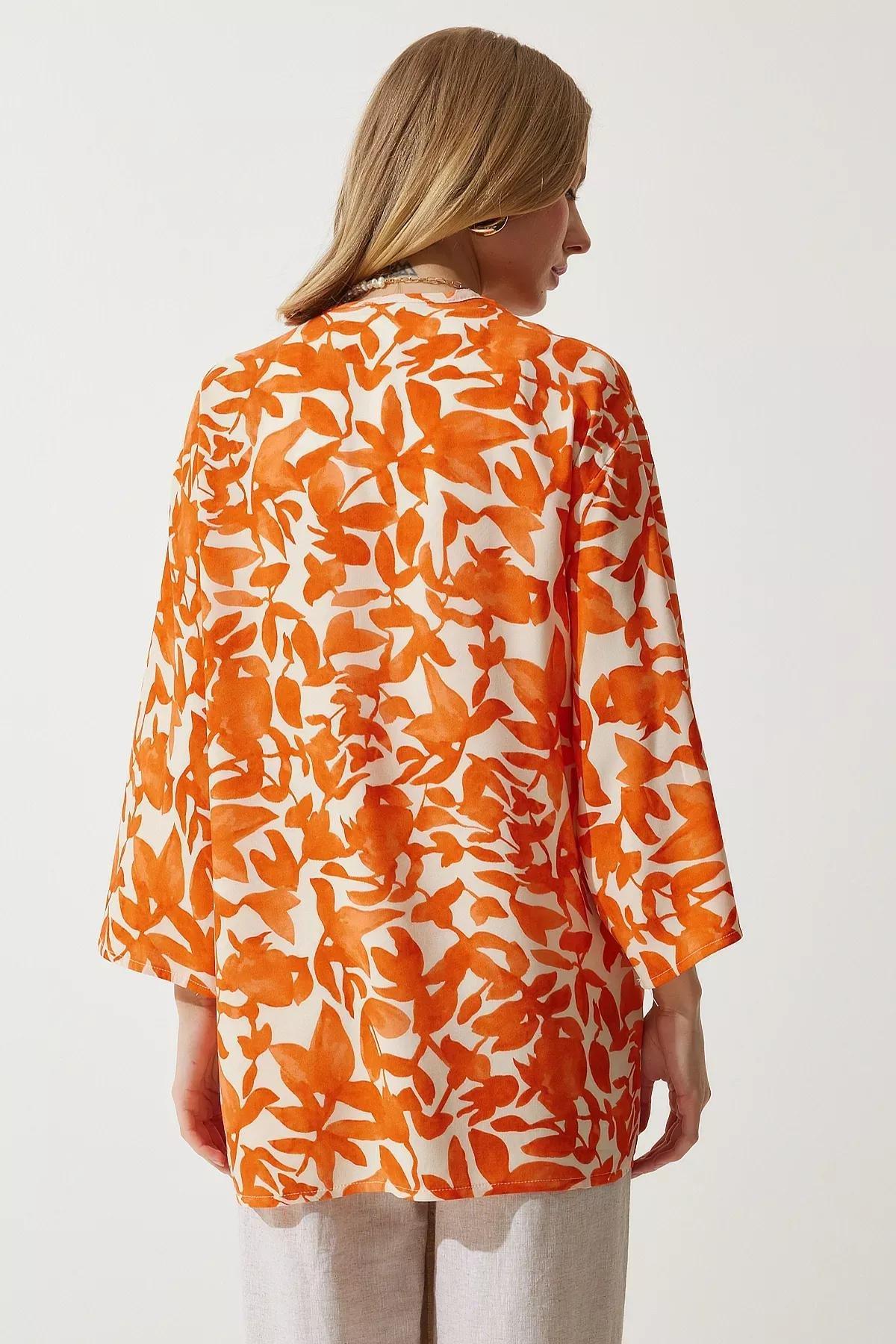 Orange Patterned Viscose Kimono, , large image number 6