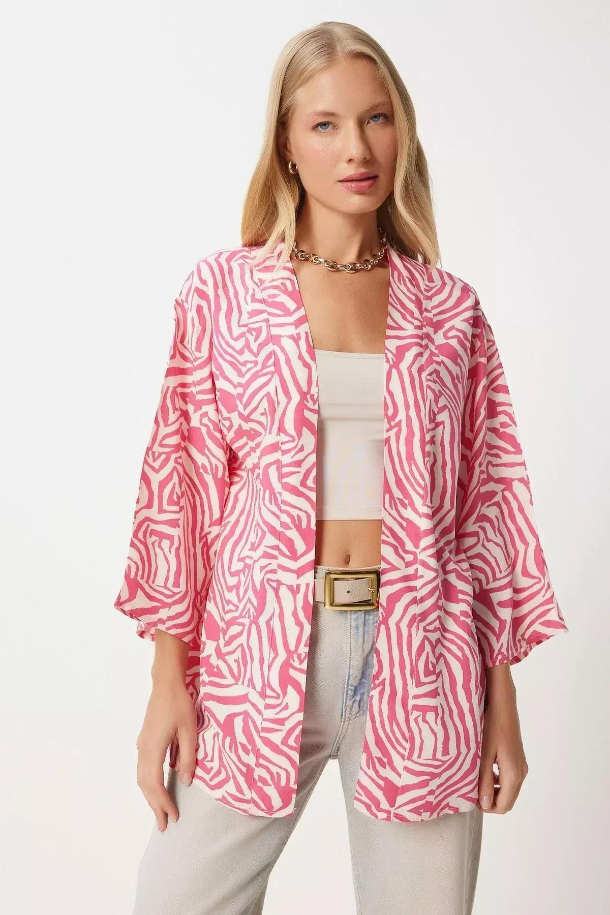 Pink Patterned Viscose Kimono EN00615, , medium