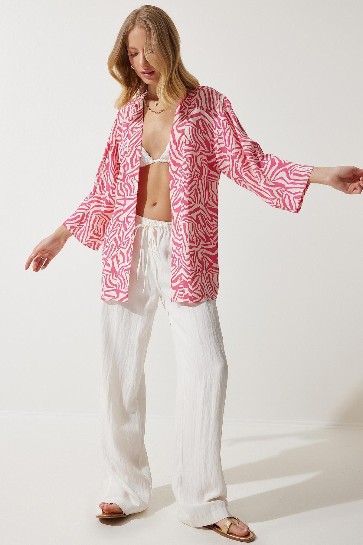 Pink Patterned Viscose Kimono EN00615, , large image number 1