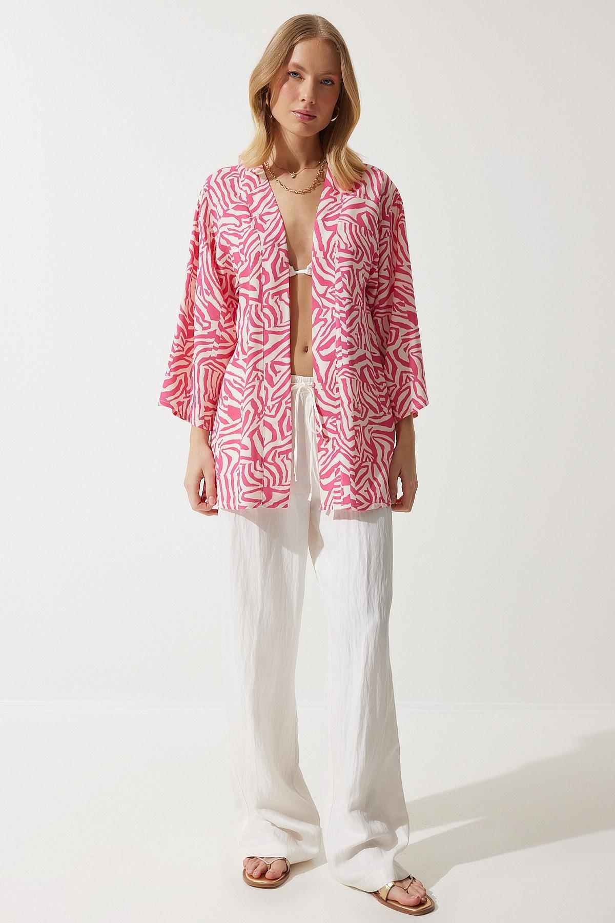 Pink Patterned Viscose Kimono EN00615, , large image number 3
