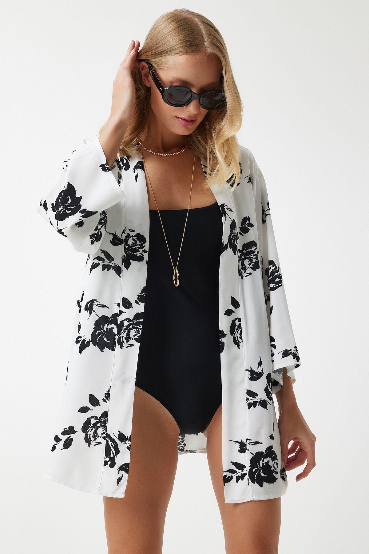 White Patterned Viscose Kimono EN00615, , large image number 1