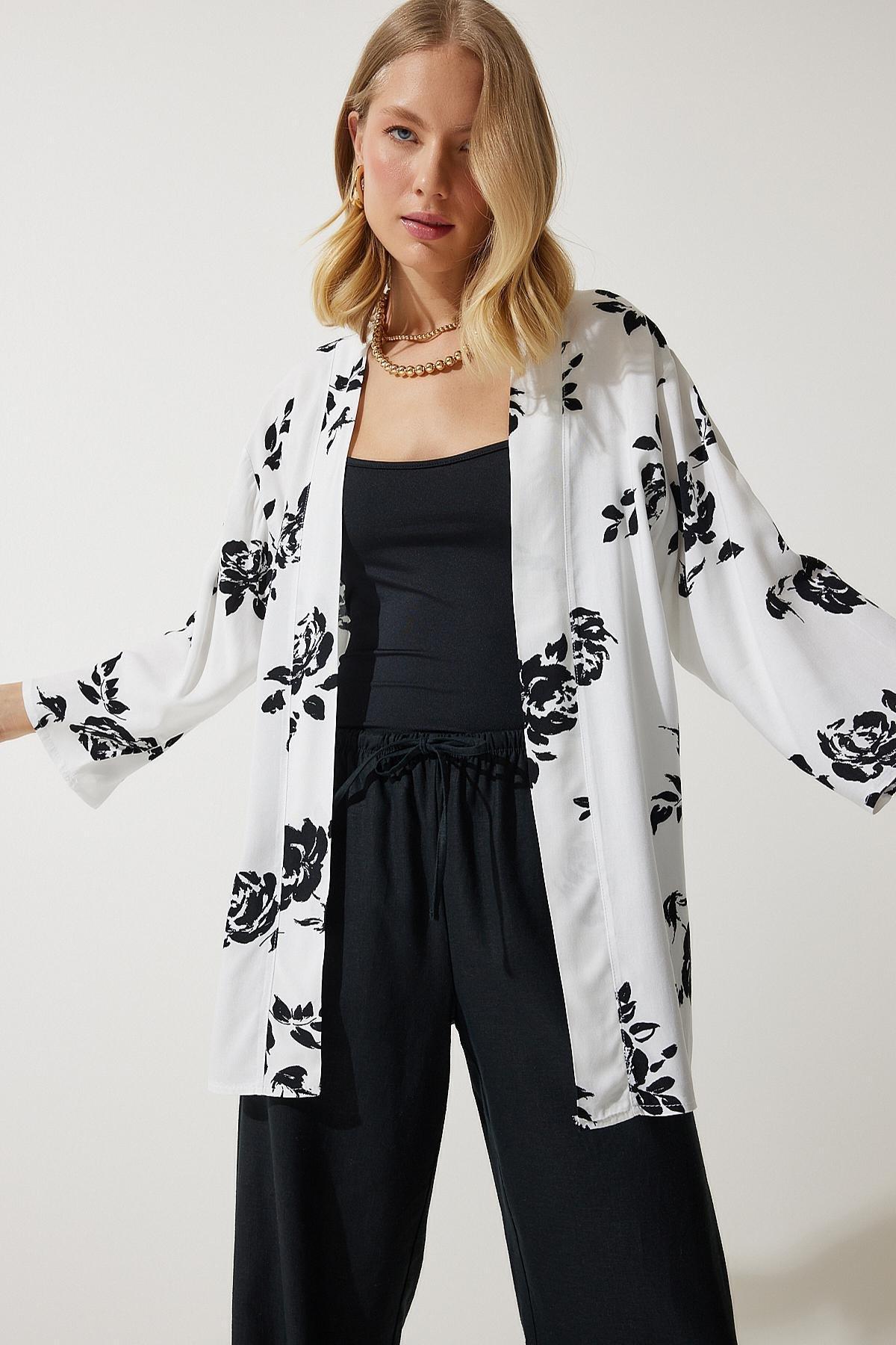 White Patterned Viscose Kimono EN00615, , large image number 5