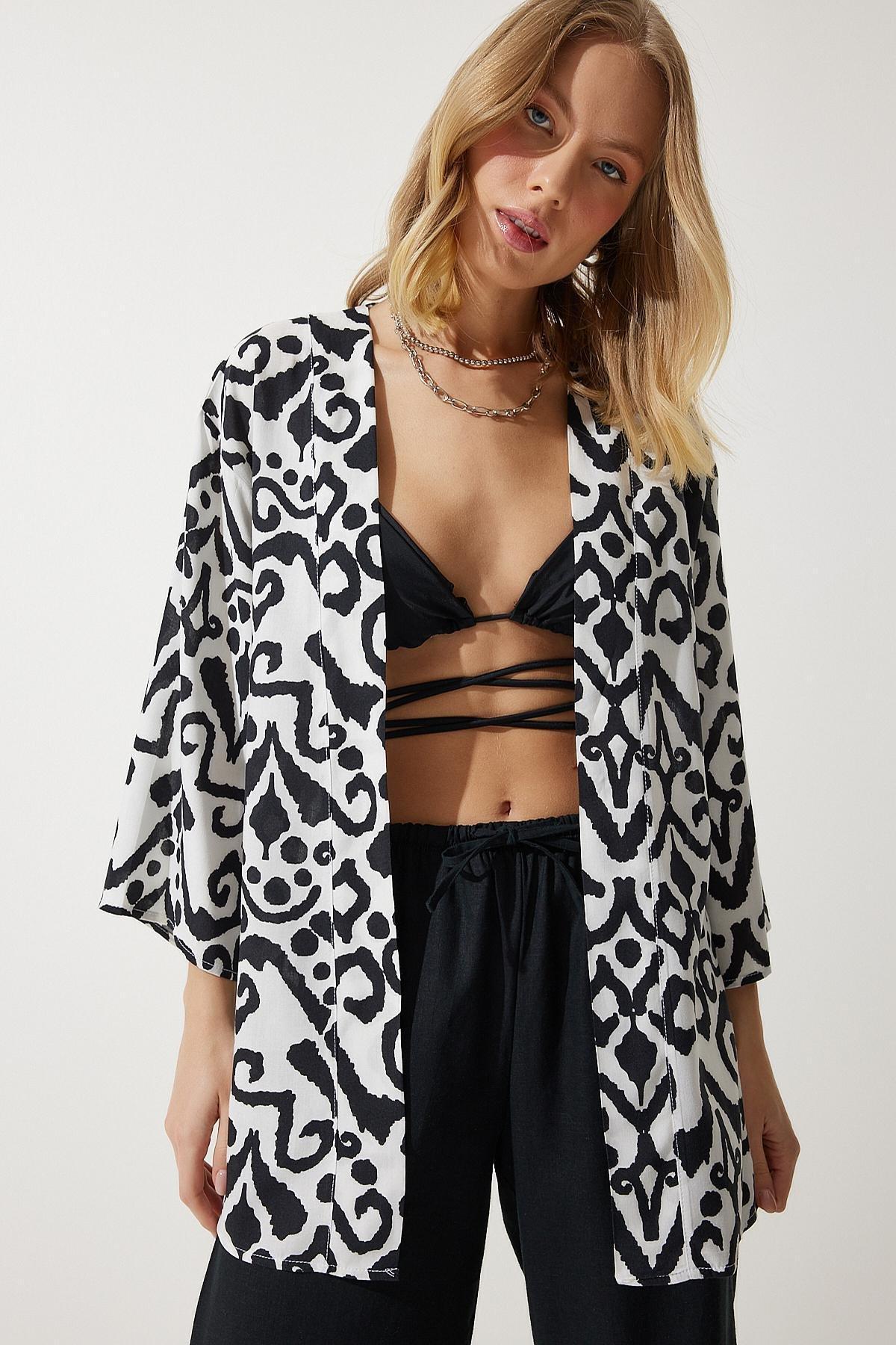 Black Patterned Viscose Kimono EN00615, , large image number 0