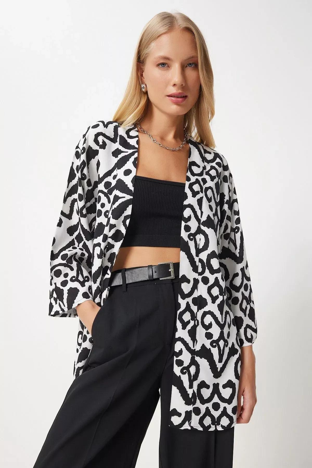 Black Patterned Kimono, , medium