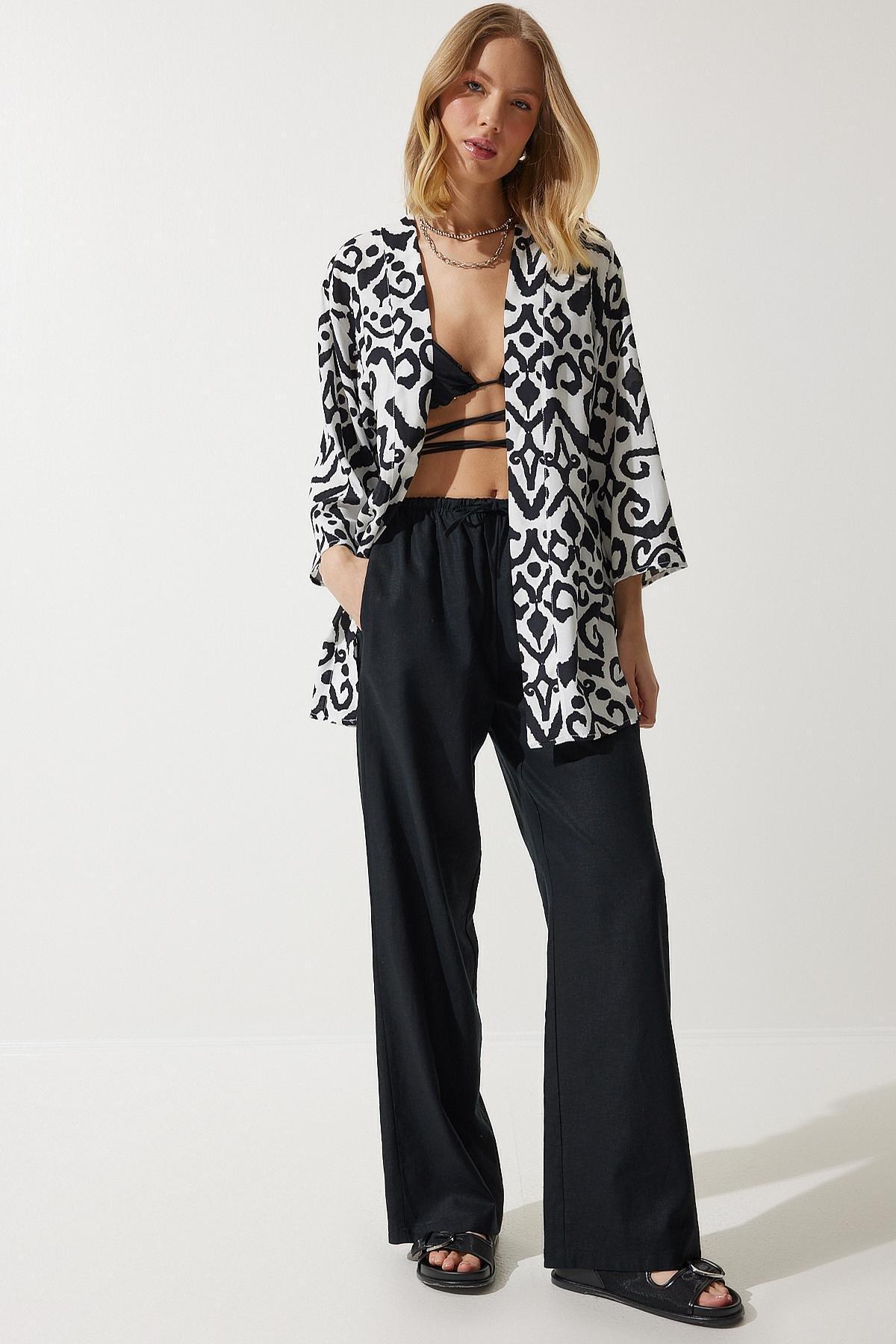 Black Patterned Viscose Kimono EN00615, , large image number 2