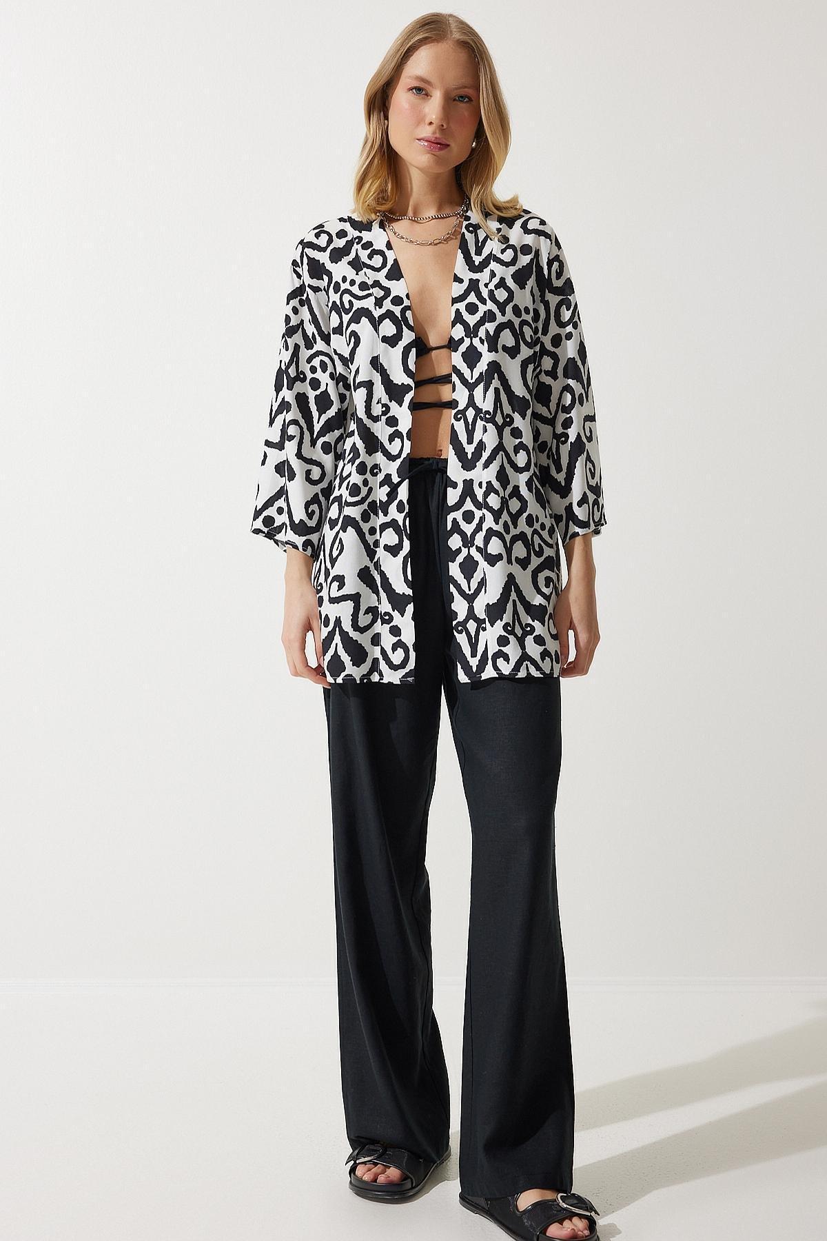 Black Patterned Viscose Kimono EN00615, , large image number 3