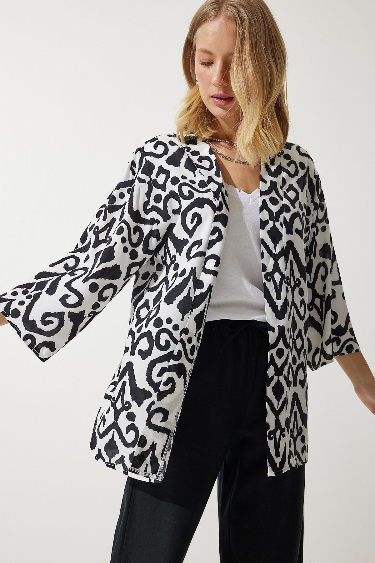Black Patterned Viscose Kimono EN00615, , large image number 4