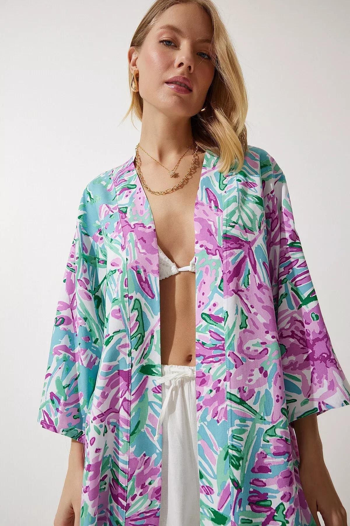 Womens Green Pink Patterned Viscose Kimono EN00615, single, , large image number 0
