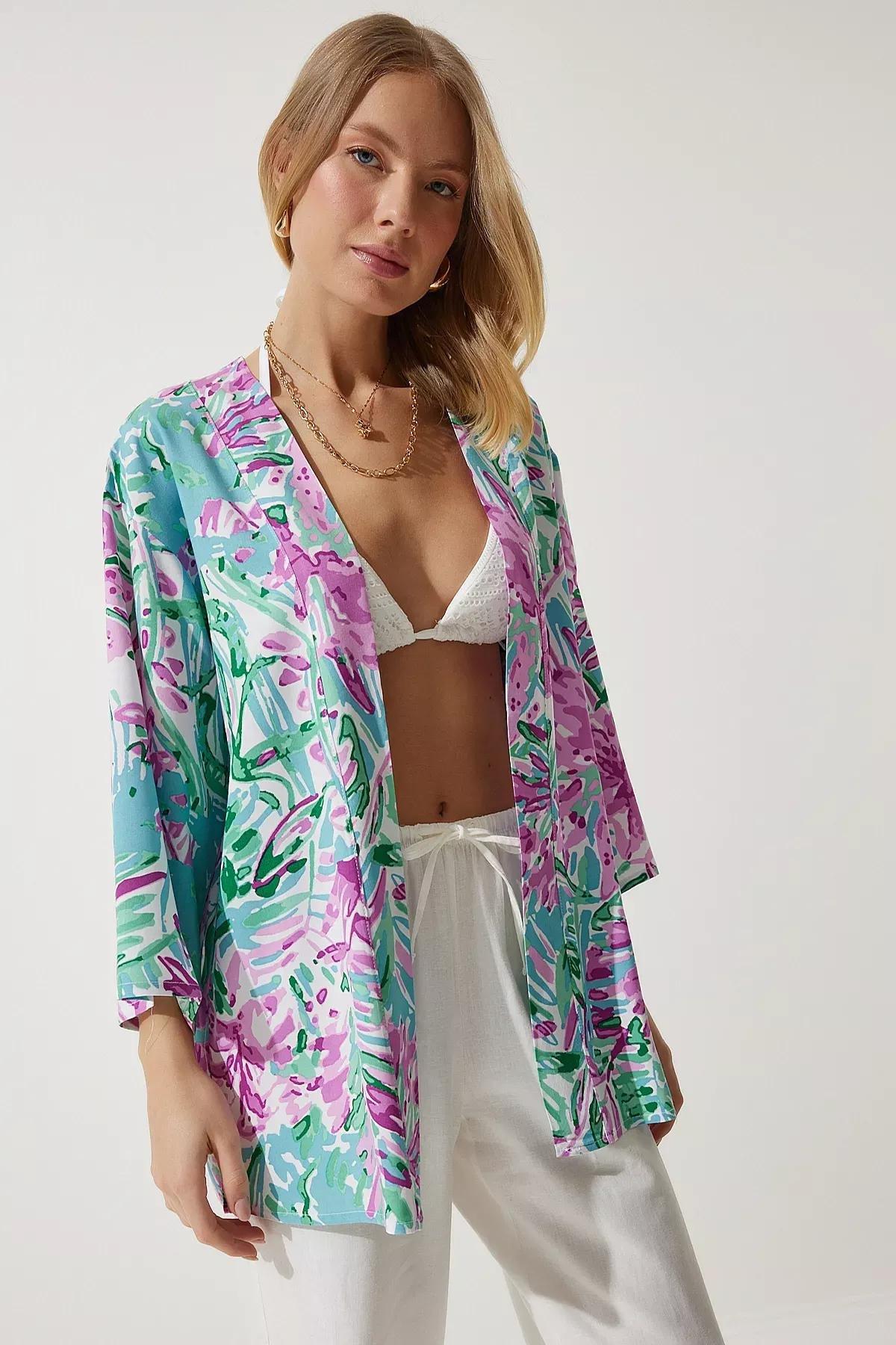 Womens Green Pink Patterned Viscose Kimono EN00615, single, , large image number 1
