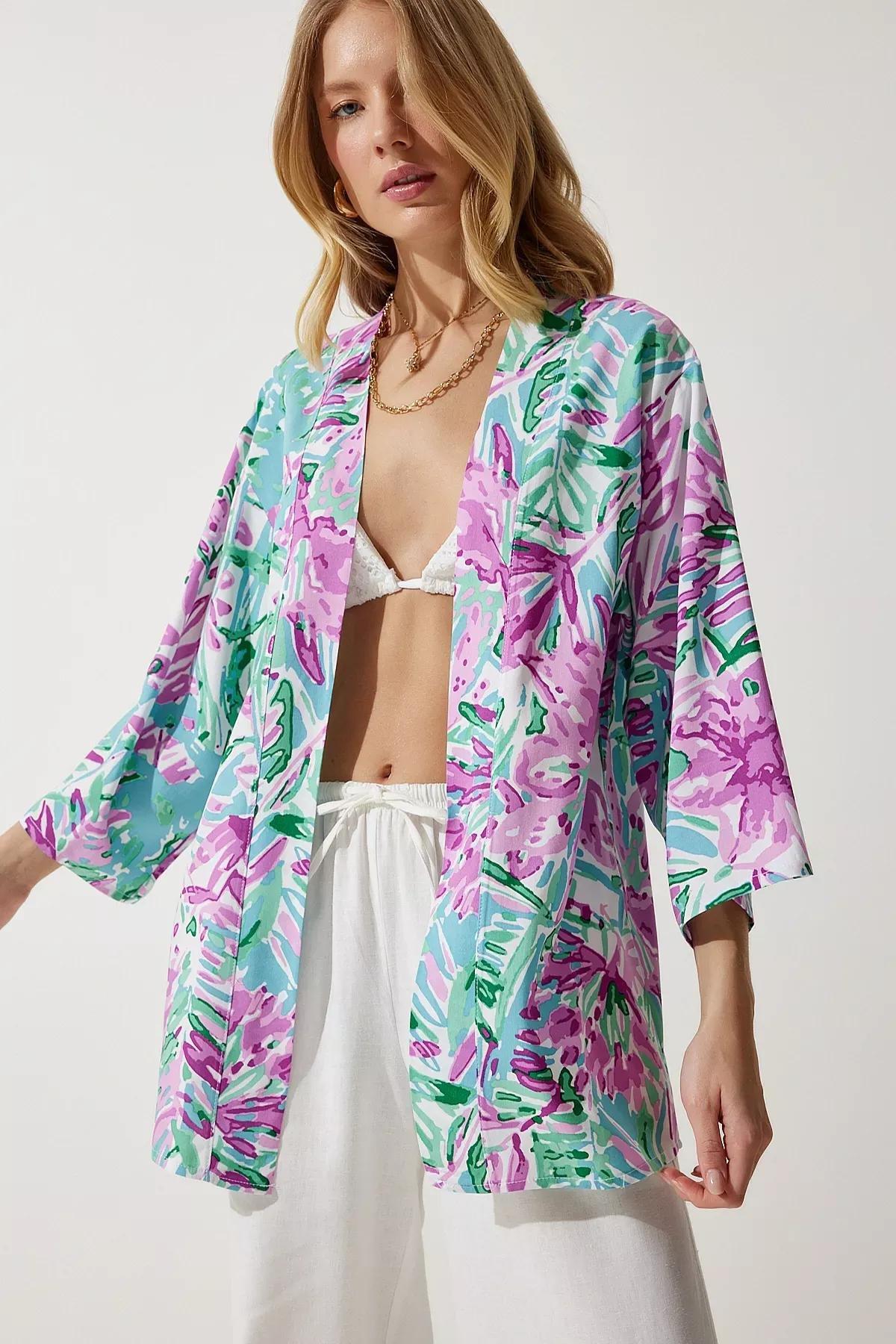 Womens Green Pink Patterned Viscose Kimono EN00615, single, , large image number 2