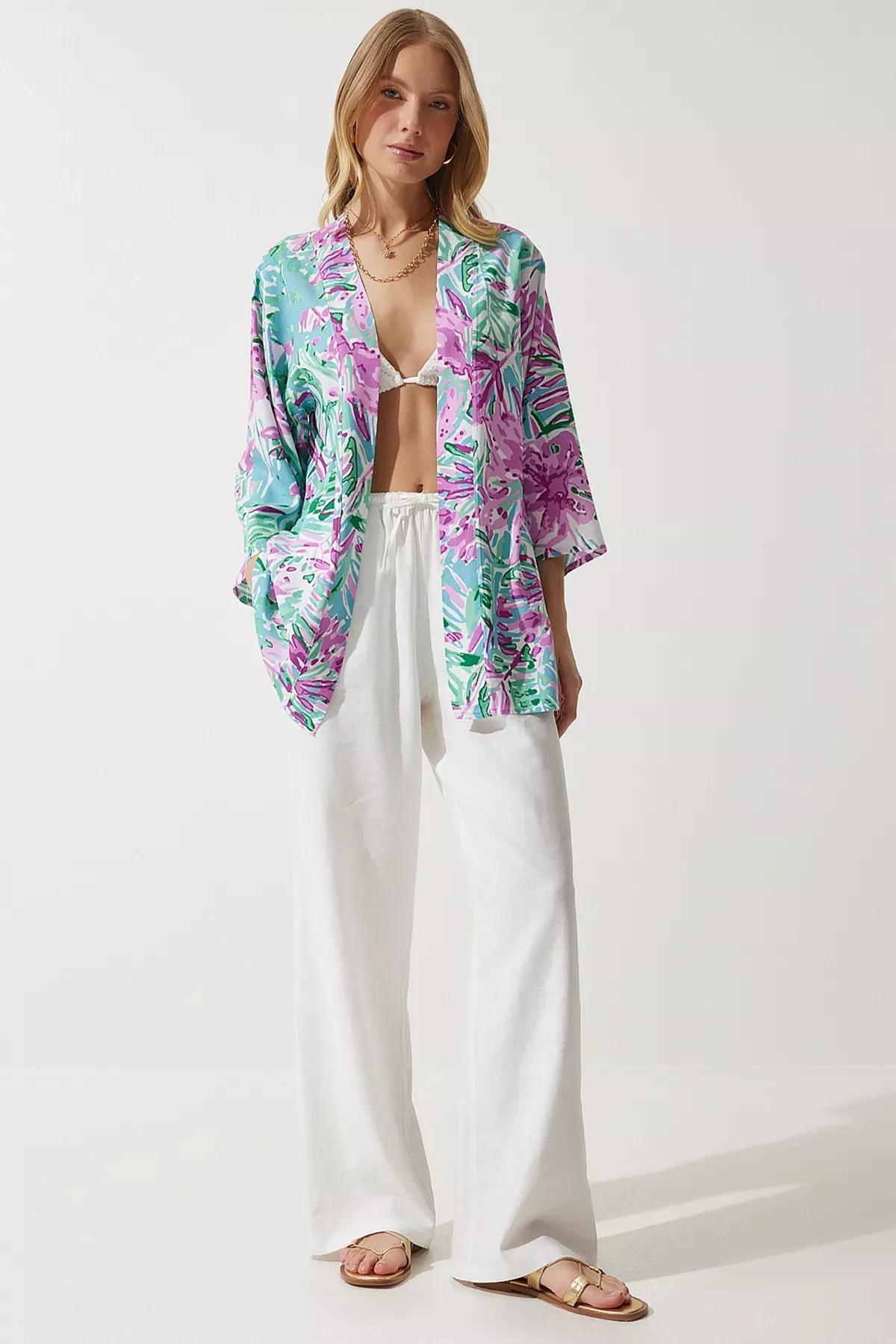 Womens Green Pink Patterned Viscose Kimono EN00615, single, , large image number 3