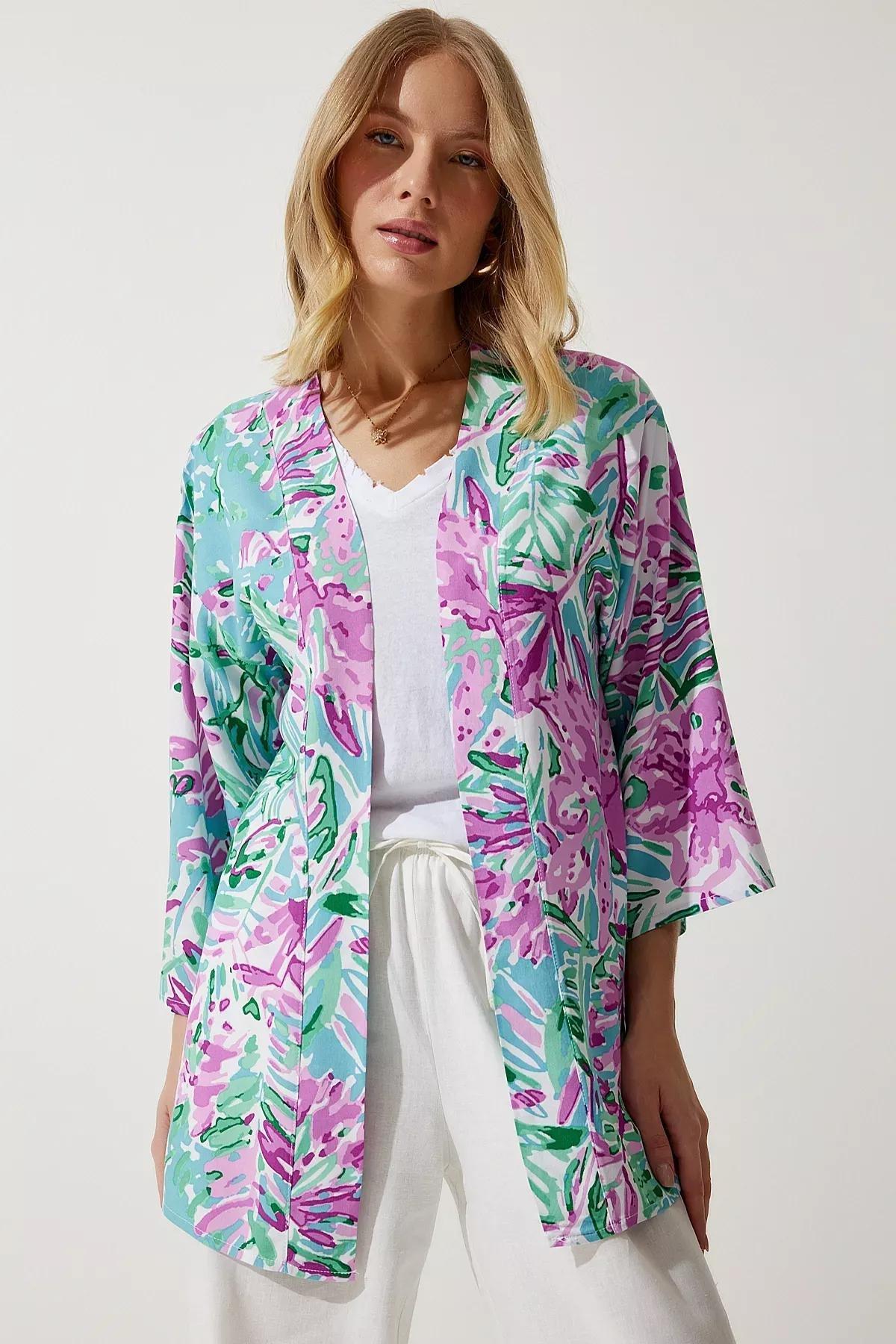 Womens Green Pink Patterned Viscose Kimono EN00615, single, , large image number 4