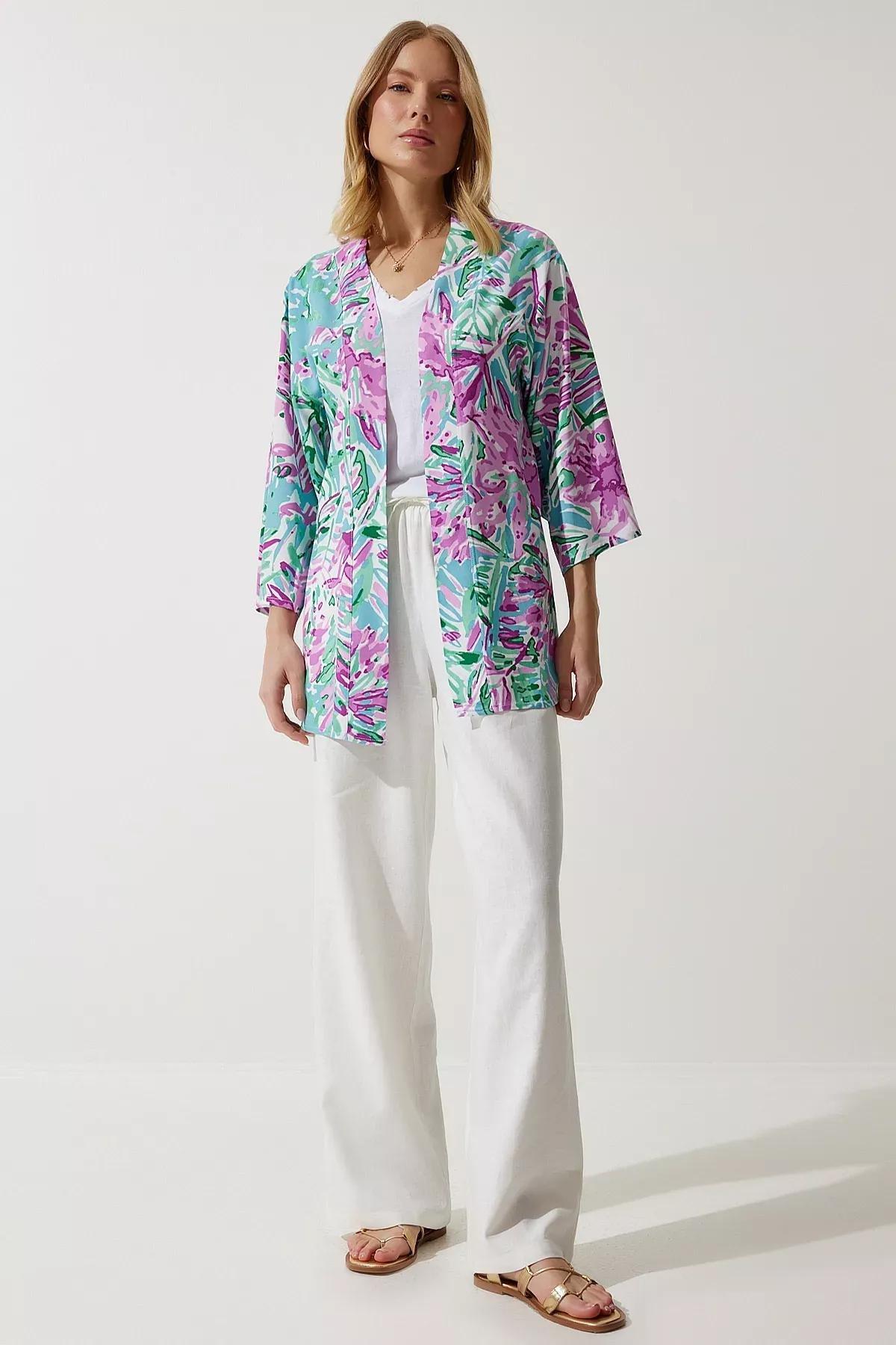 Womens Green Pink Patterned Viscose Kimono EN00615, single, , large image number 5