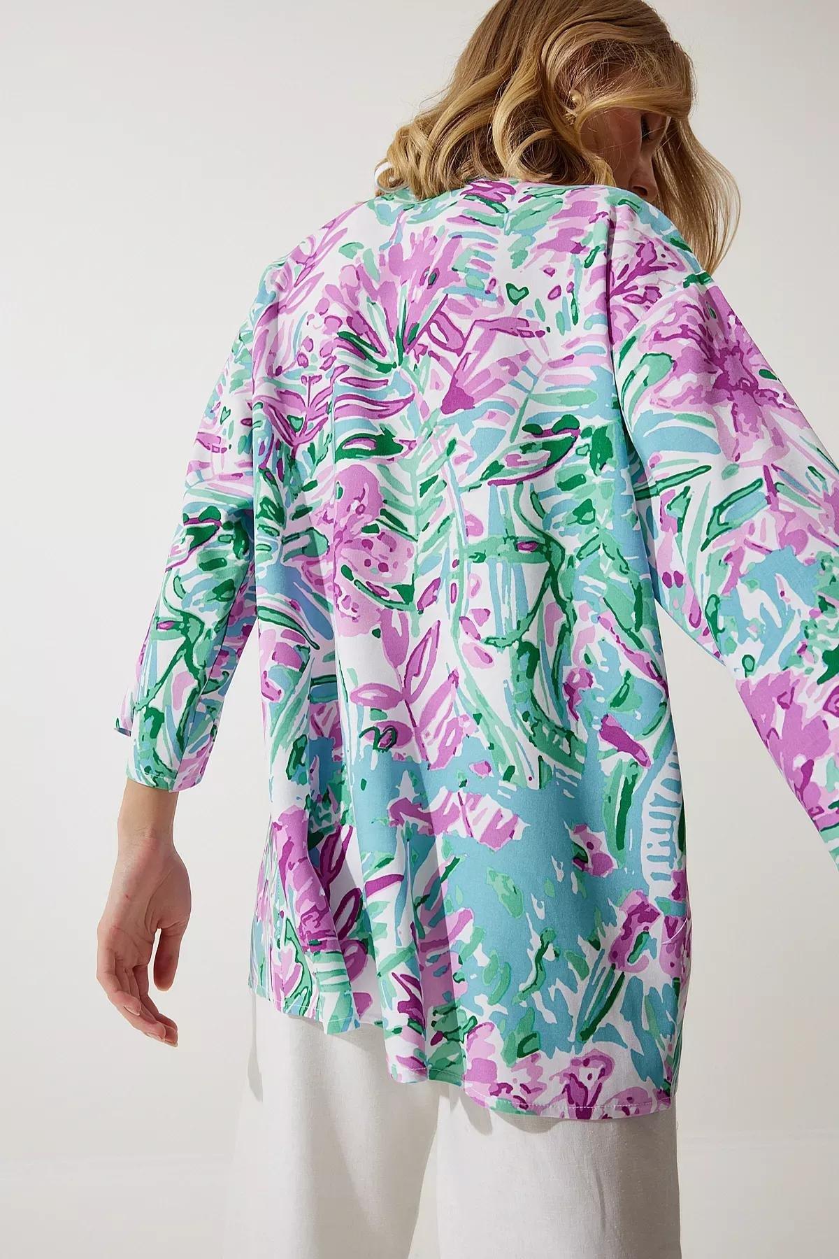Womens Green Pink Patterned Viscose Kimono EN00615, single, , large image number 6