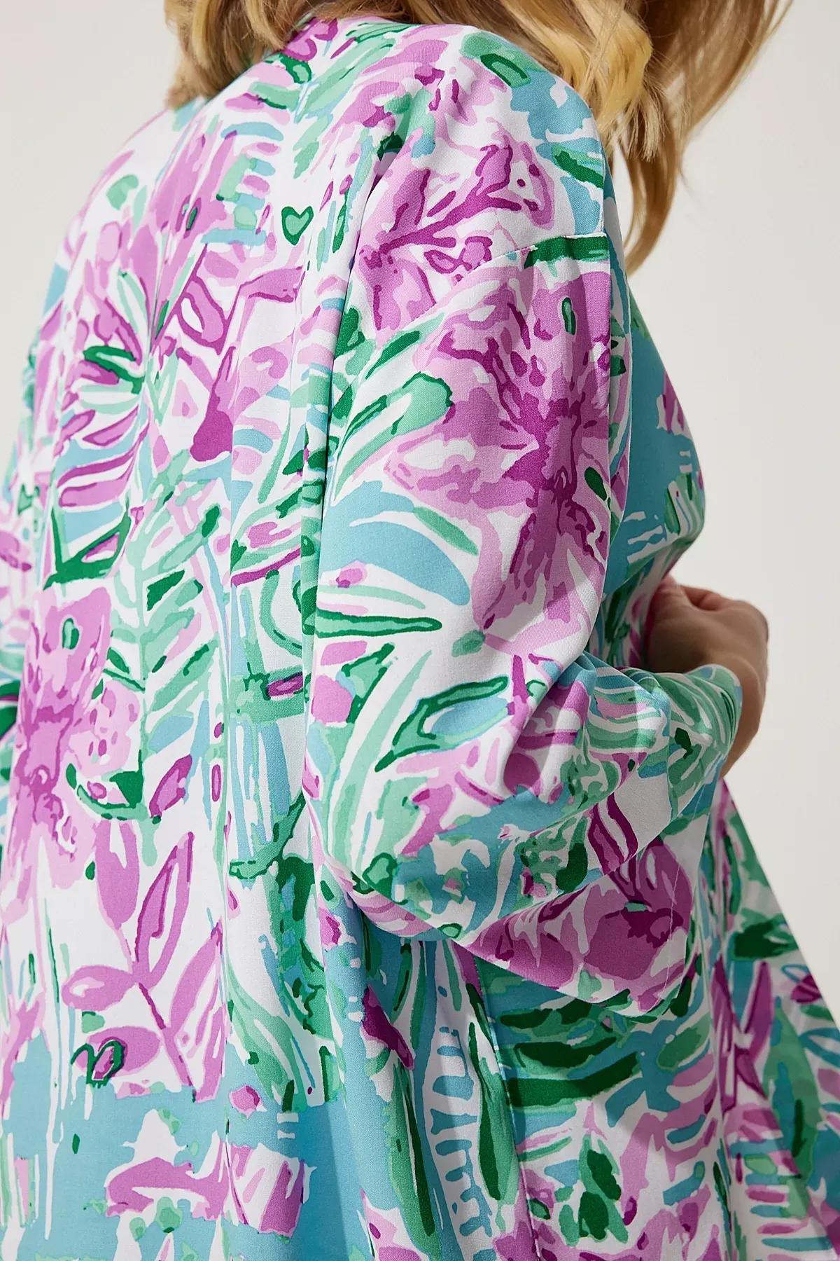 Womens Green Pink Patterned Viscose Kimono EN00615, single, , large image number 7