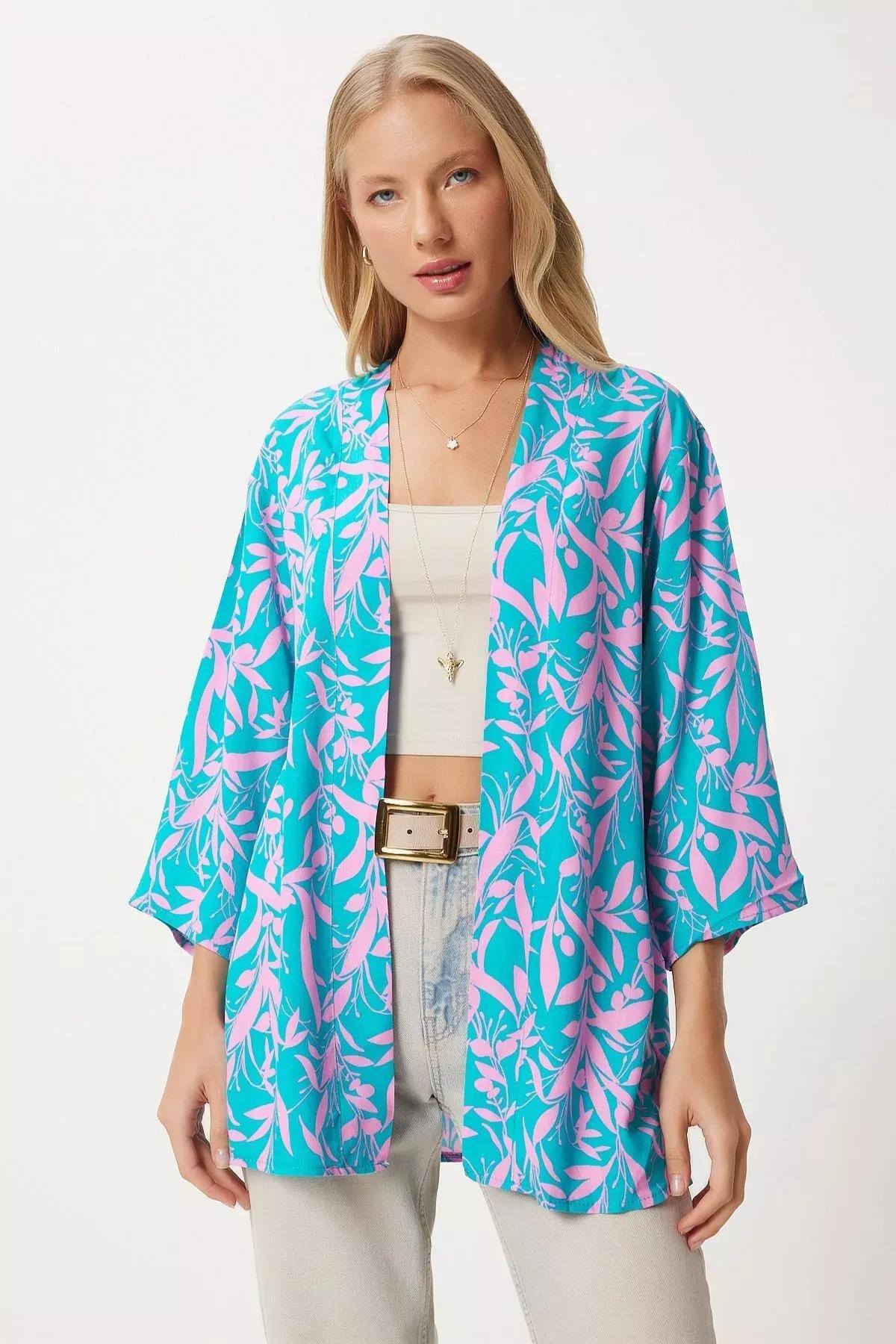 Pink Blue Patterned Kimono, , medium