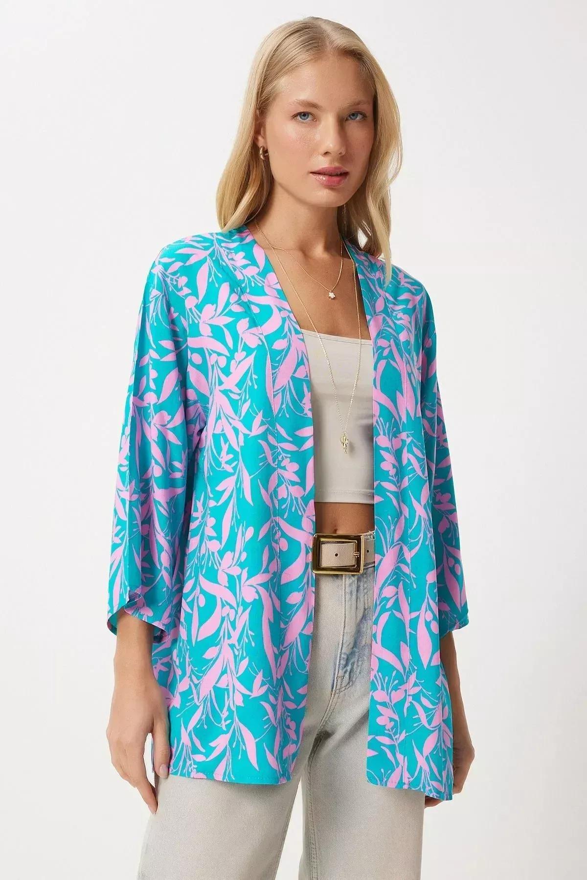 Pink Blue Patterned Kimono, , large image number 1