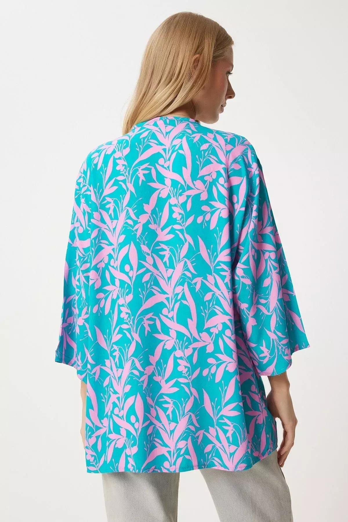 Pink Blue Patterned Kimono, , large image number 4