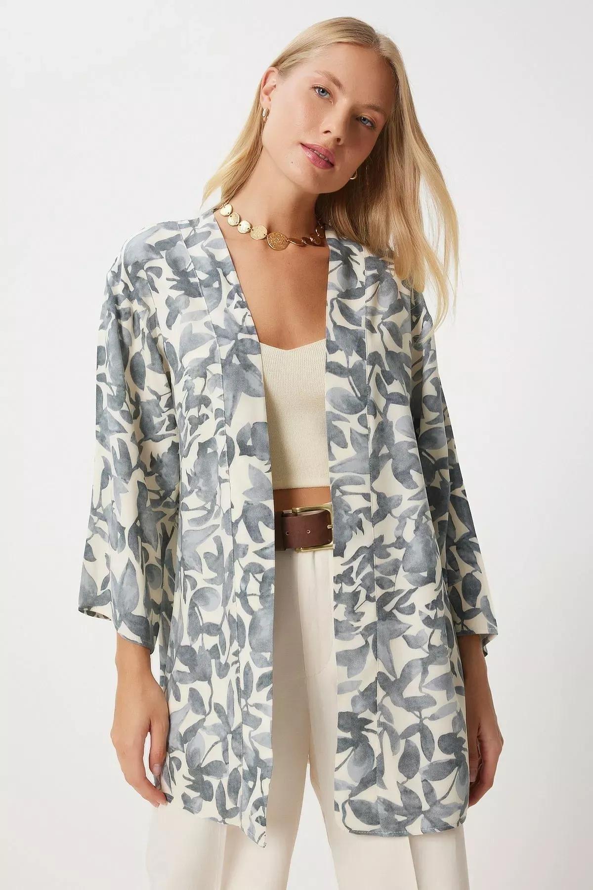 Gray Bone Patterned Kimono, Gray Bone, large image number 0