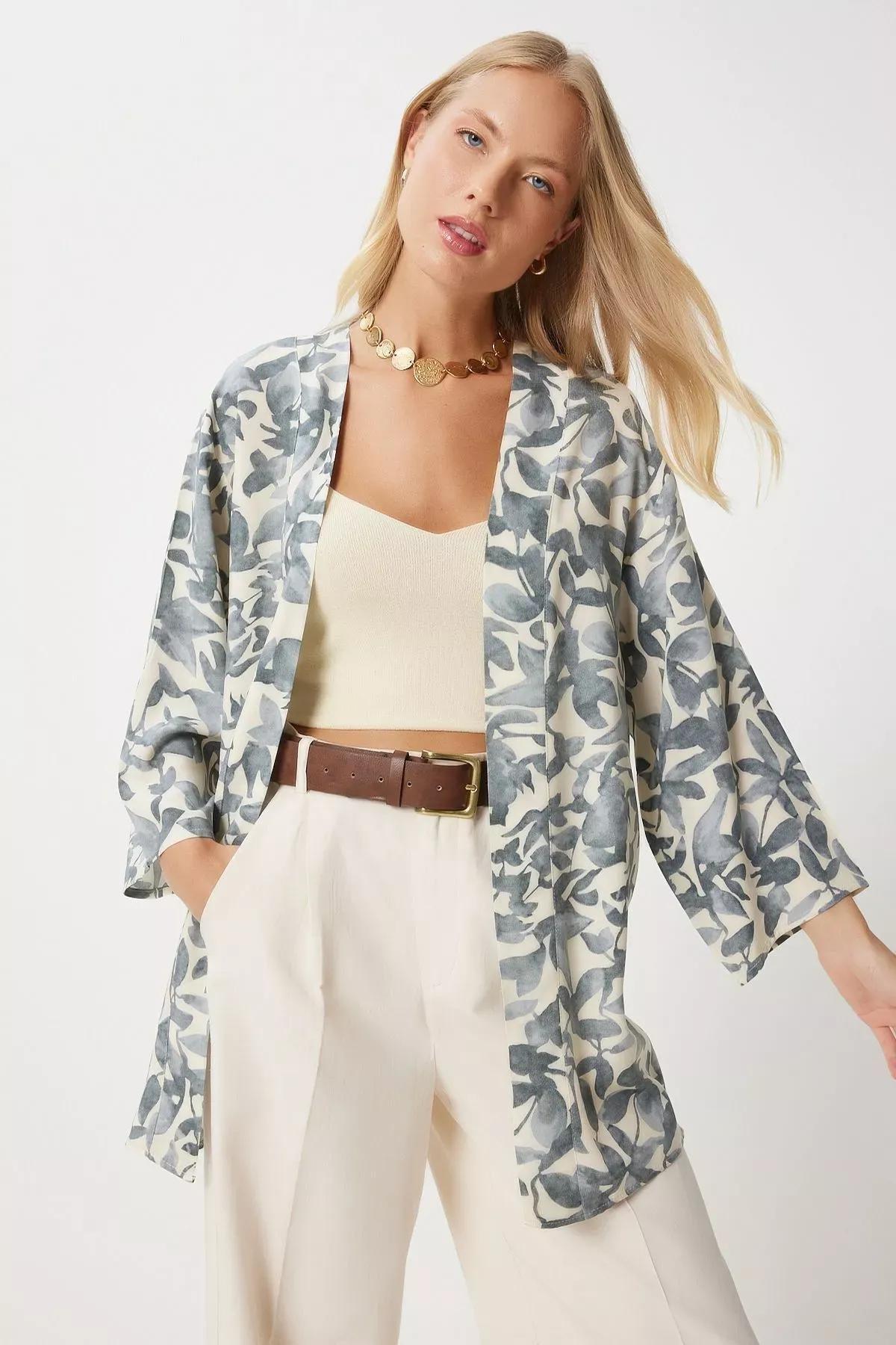 Gray Bone Patterned Kimono, Gray Bone, large image number 1
