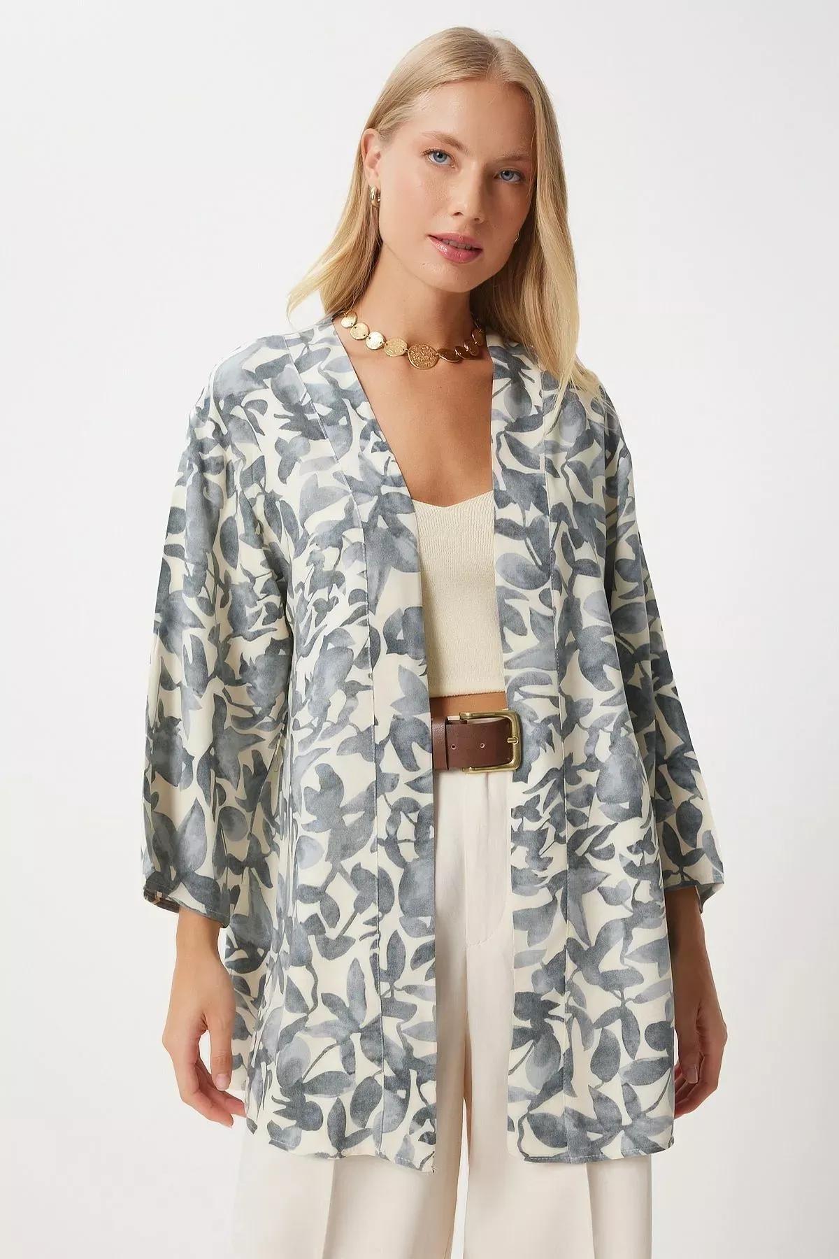 Gray Bone Patterned Kimono, Gray Bone, large image number 2