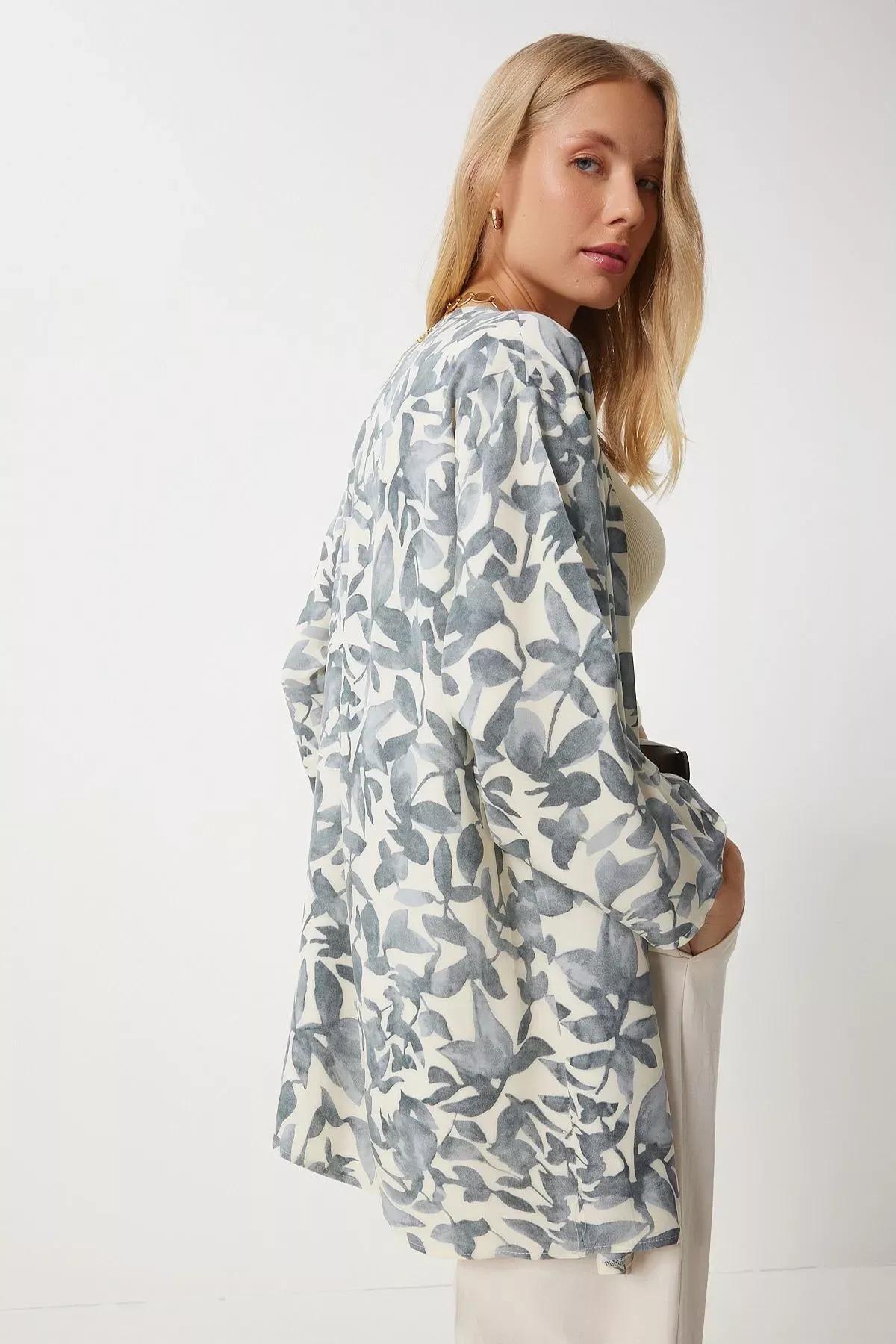 Gray Bone Patterned Kimono, Gray Bone, large image number 3