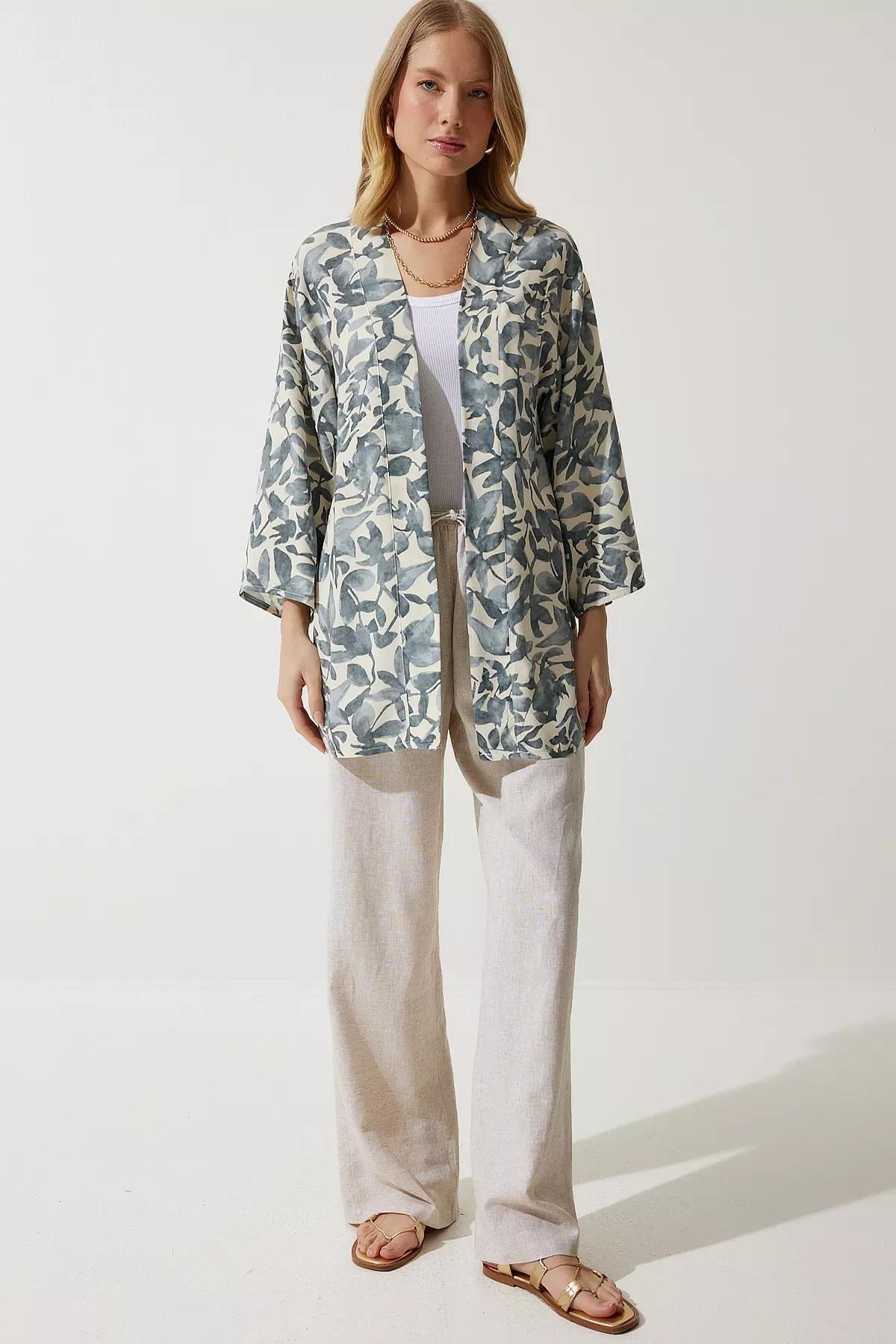 Gray Bone Patterned Kimono, Gray Bone, large image number 5
