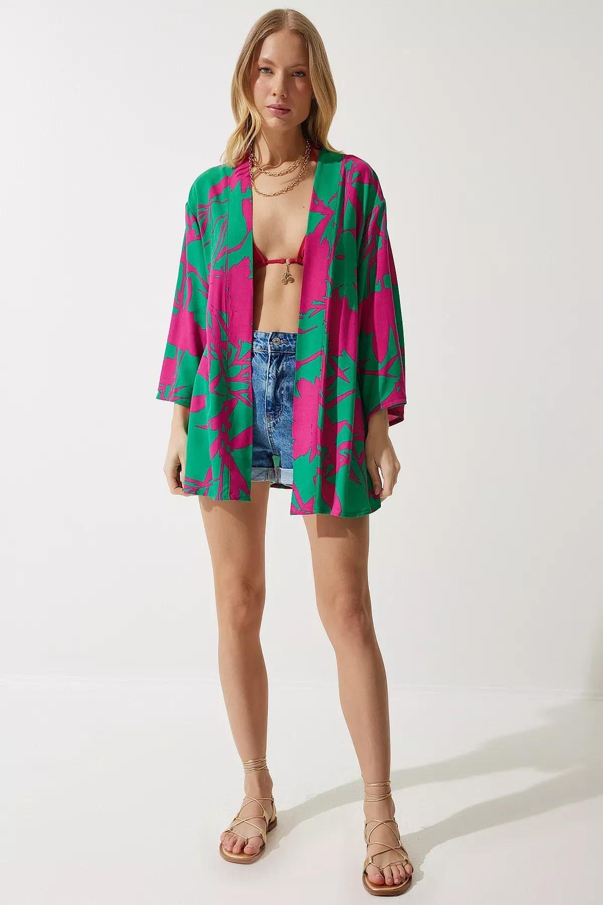 Womens Green Pink Patterned Viscose Kimono EN00615, single, , large image number 0