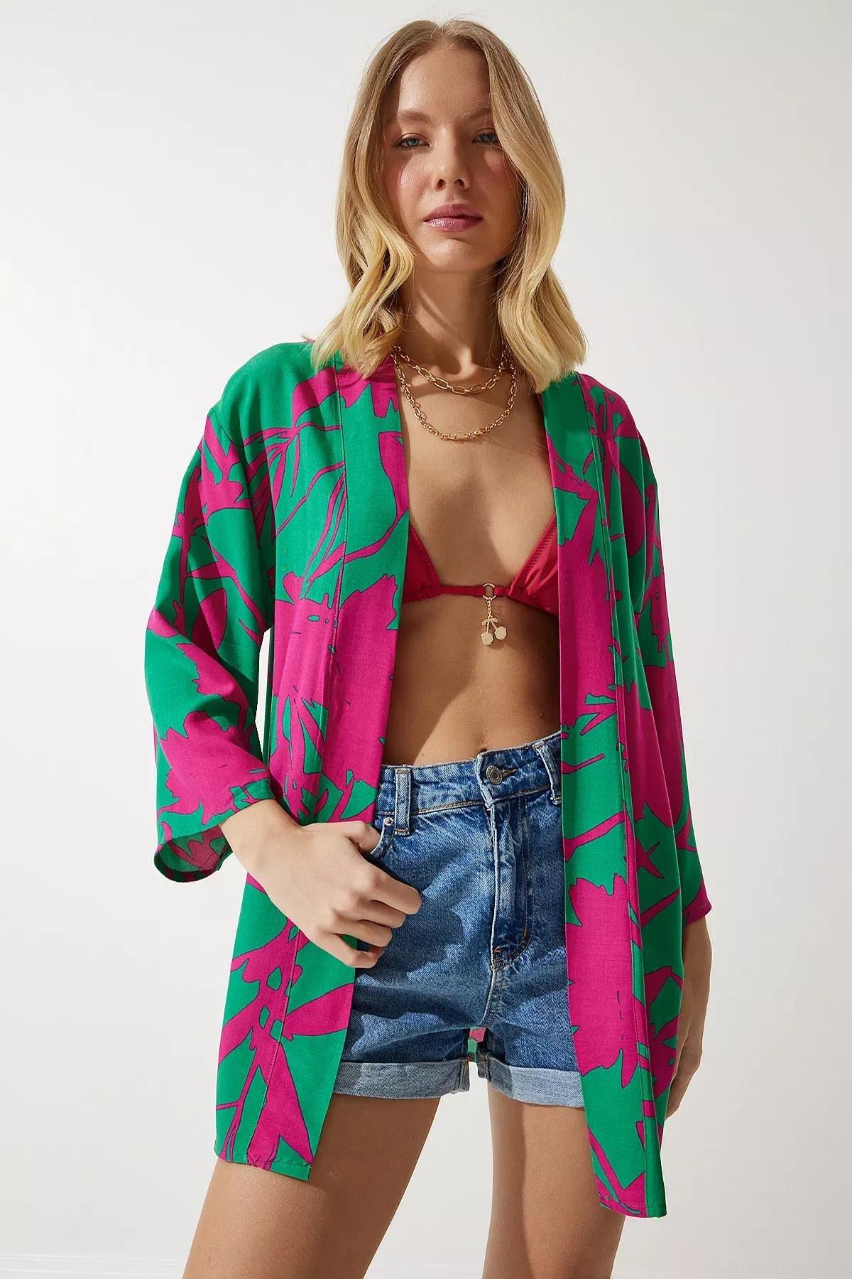 Womens Green Pink Patterned Viscose Kimono EN00615, single, , large image number 1