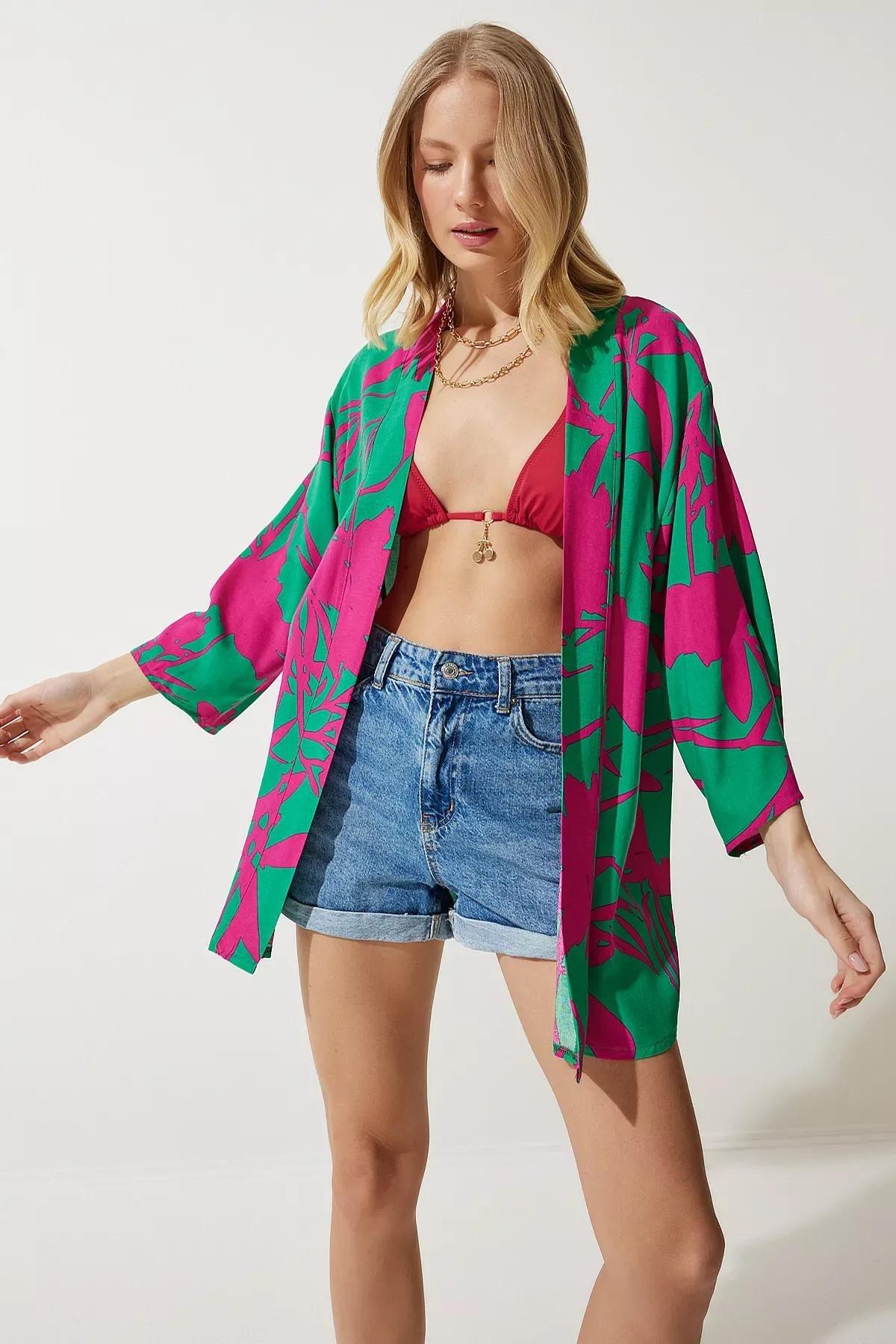 Womens Green Pink Patterned Viscose Kimono EN00615, single, , large image number 2