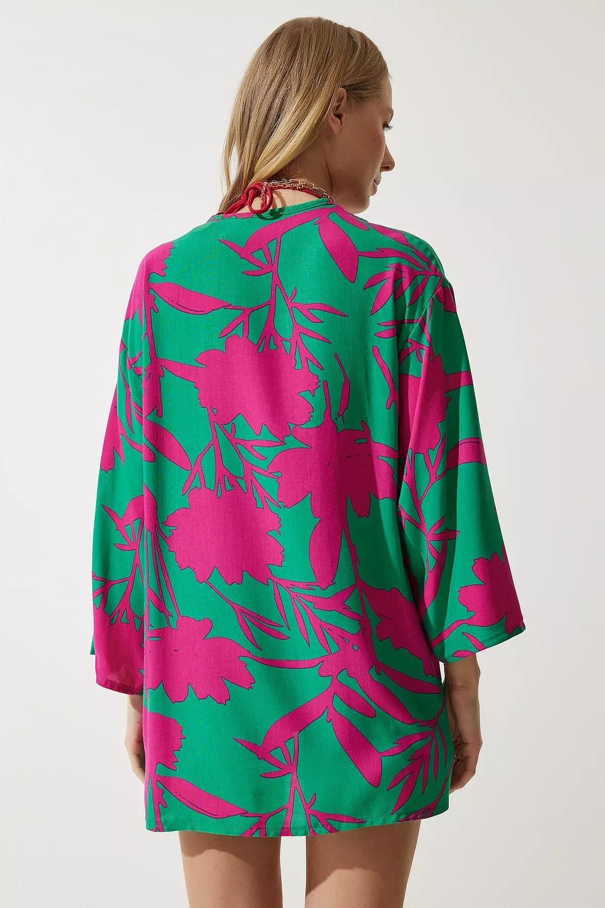 Womens Green Pink Patterned Viscose Kimono EN00615, single, , large image number 4