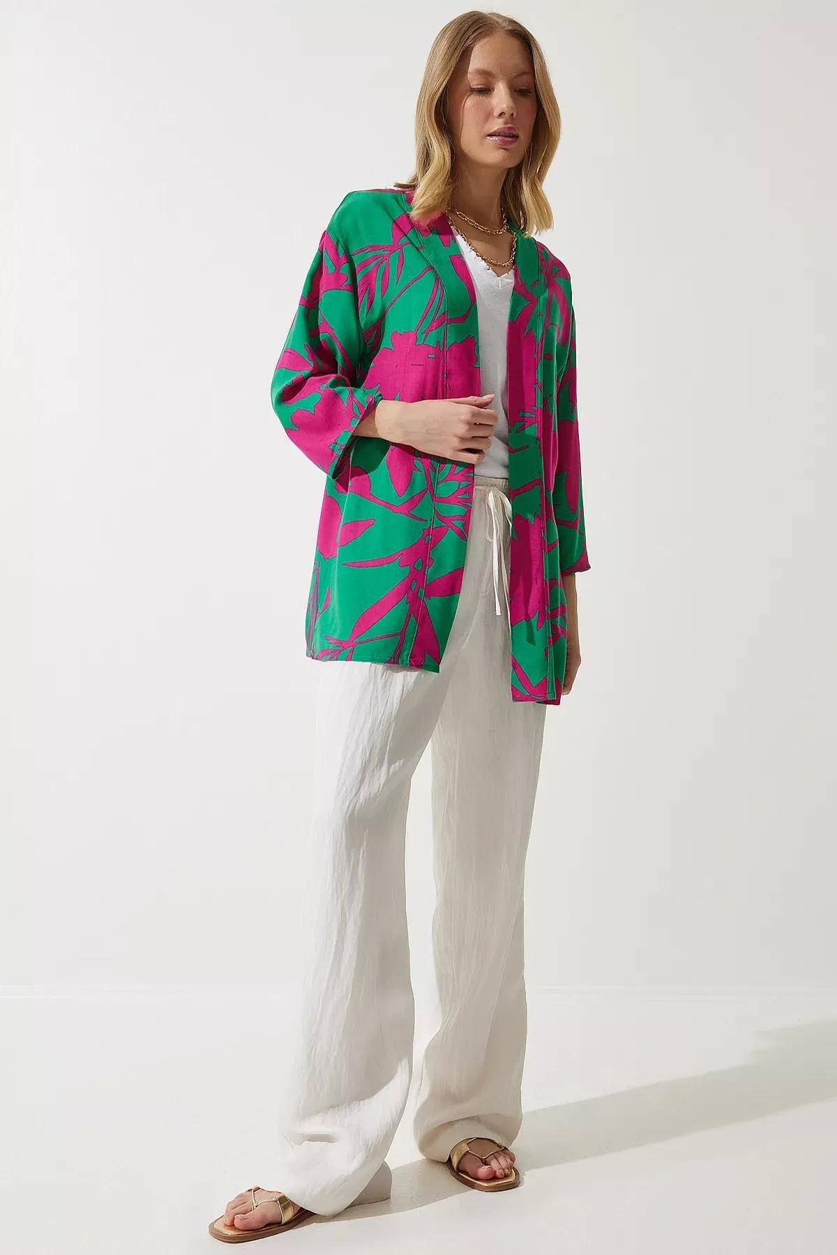 Womens Green Pink Patterned Viscose Kimono EN00615, single, , large image number 5